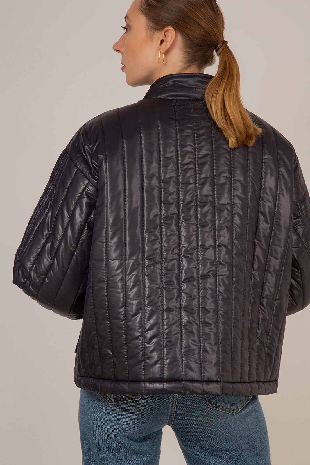 Navy glossy slim quilt puffer coat_3