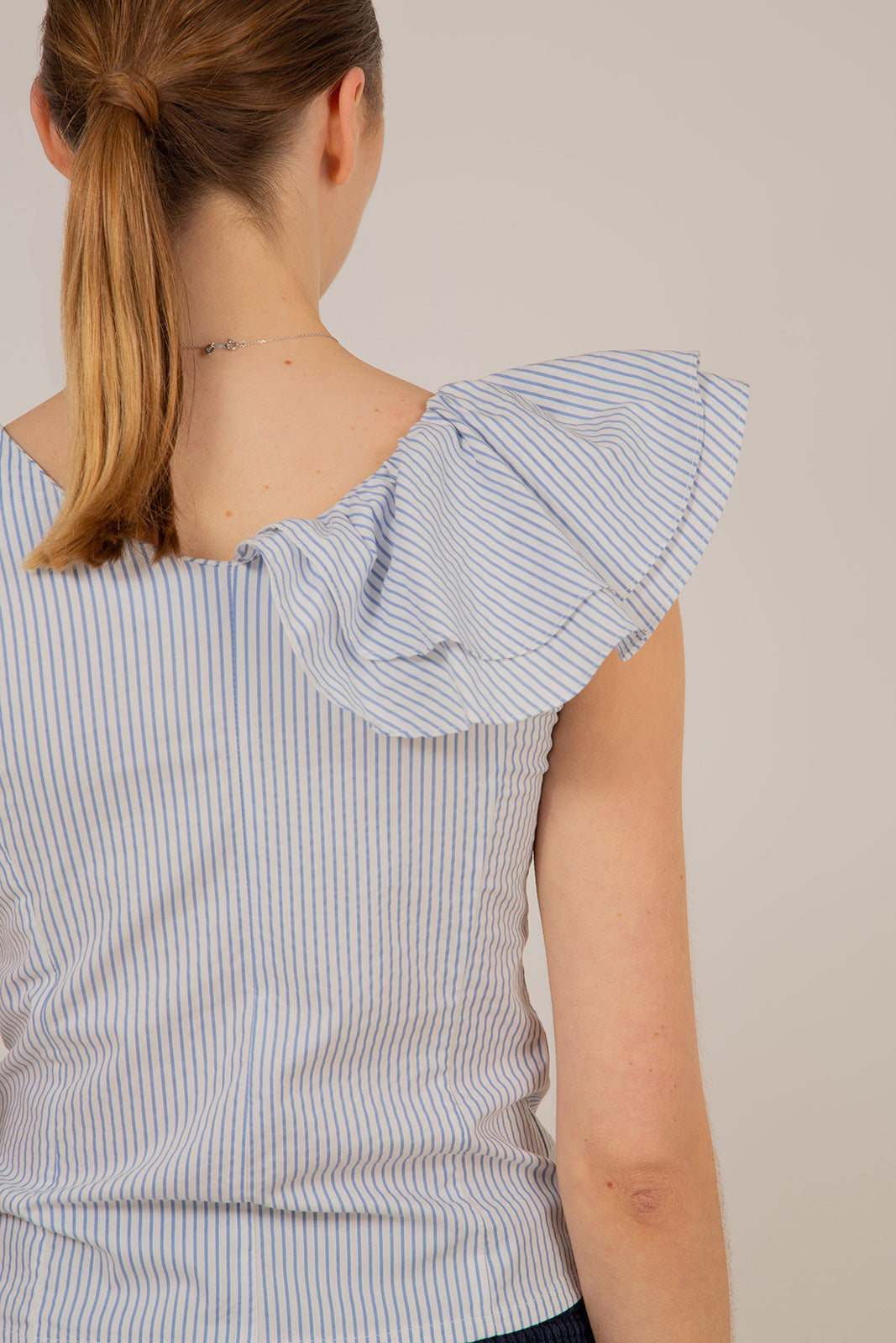 Blue and white striped asymmetric ruffle top_8