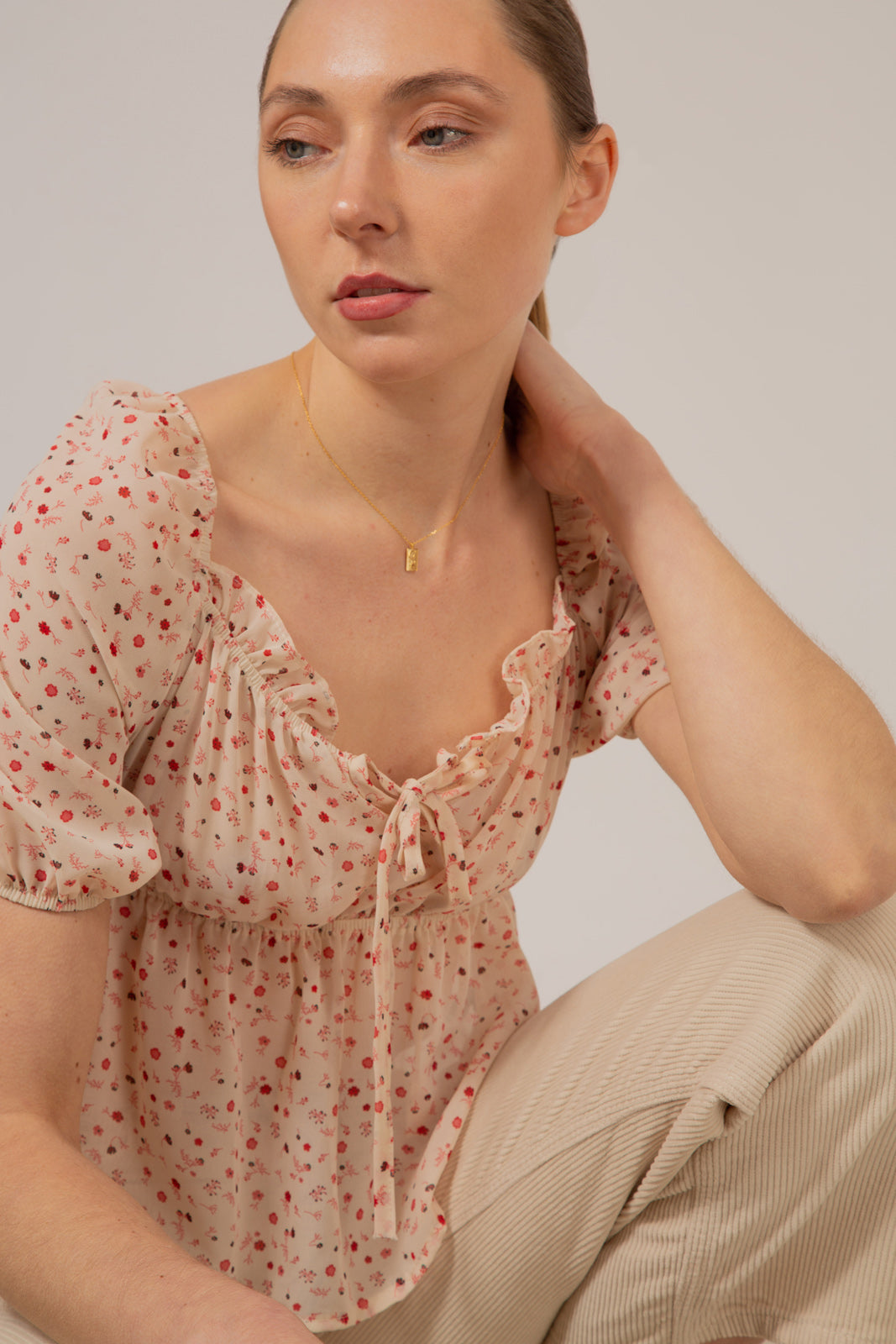 Ivory and pink floral semi sheer blouse_6