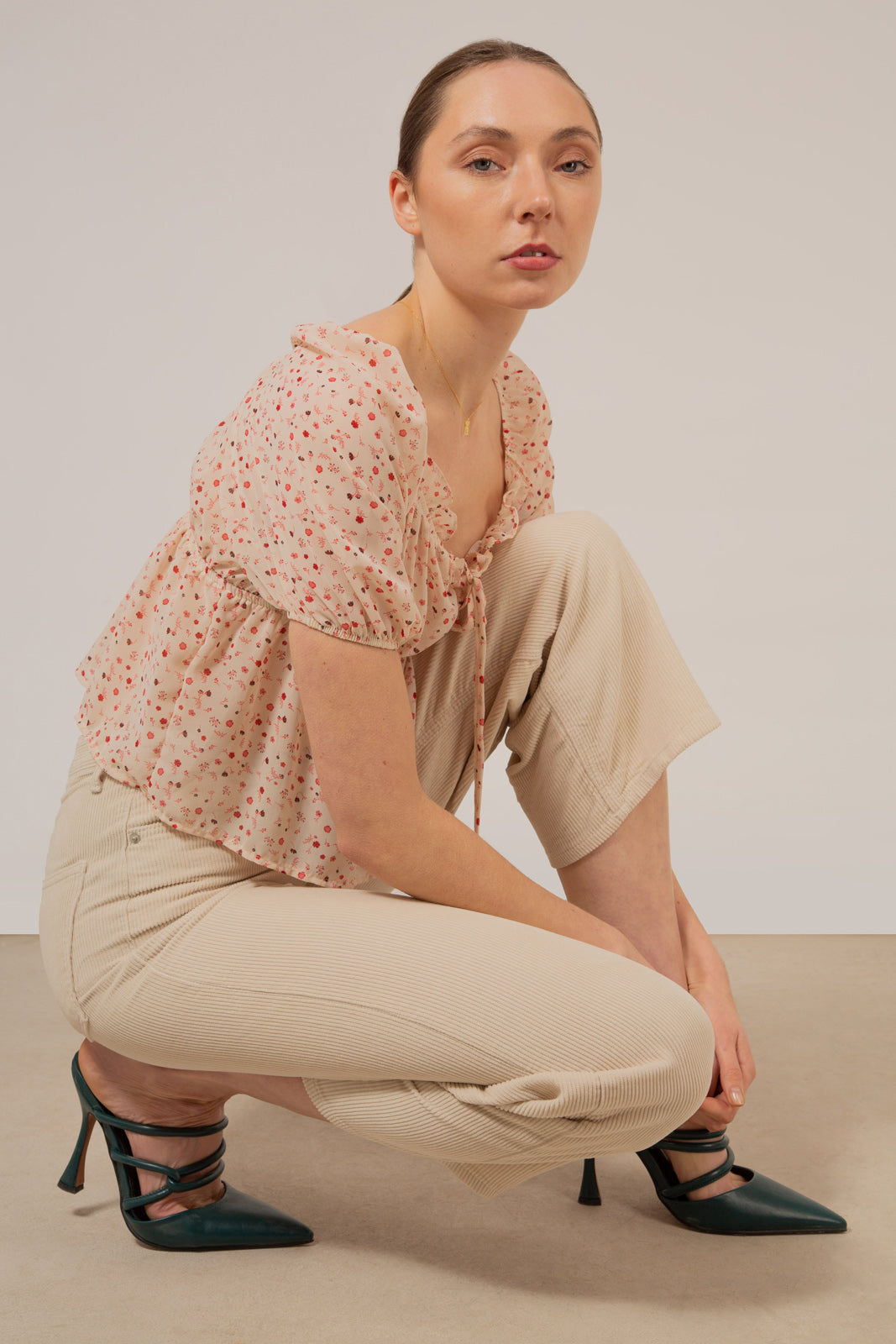 Ivory and pink floral semi sheer blouse_9