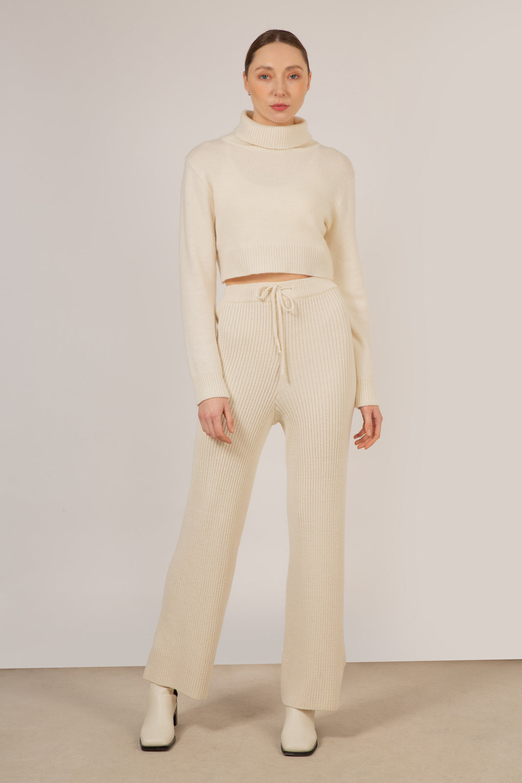 Ivory wool blend ribbed wide leg trousers_1