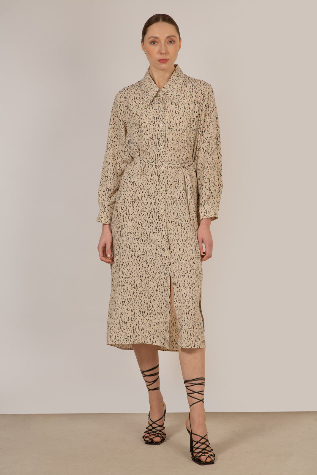 Ivory and black abstract print shirt dress_1