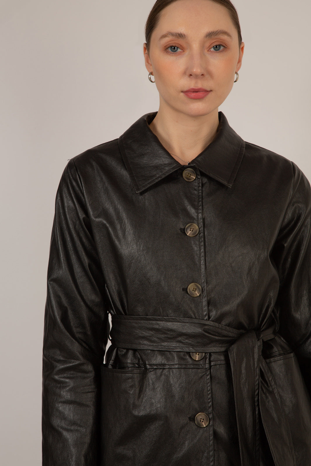 Black vegan leather belted jacket_3