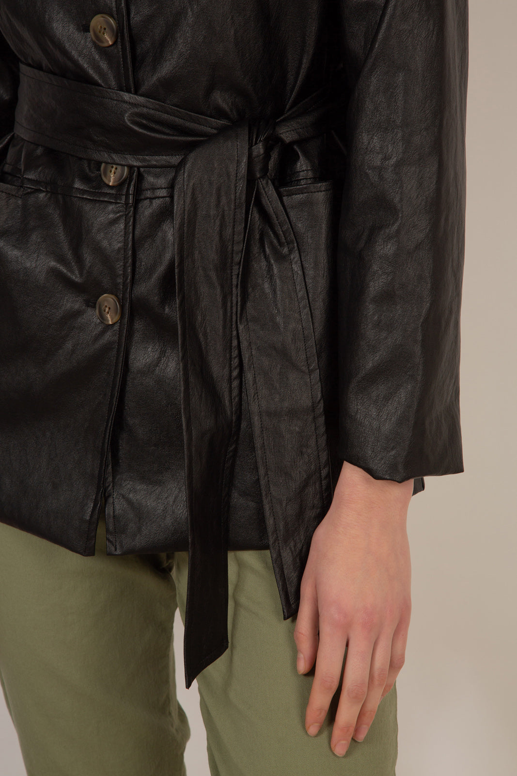 Black vegan leather belted jacket_8