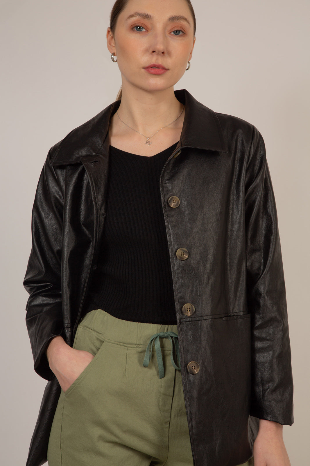 Black vegan leather belted jacket_13