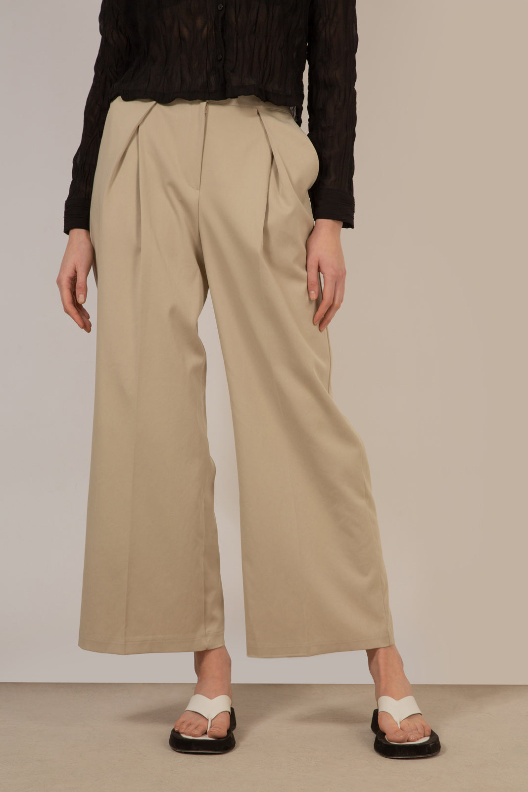 Beige side pleat wide leg trousers_3
