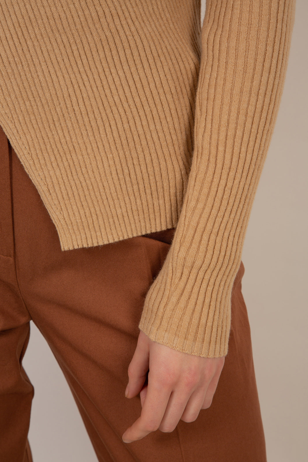 Beige ribbed cross front knit top_7