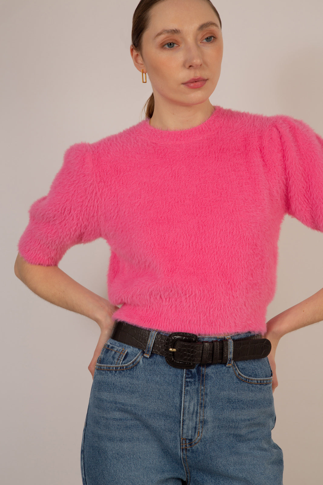 Hot pink furry balloon sleeve jumper_7