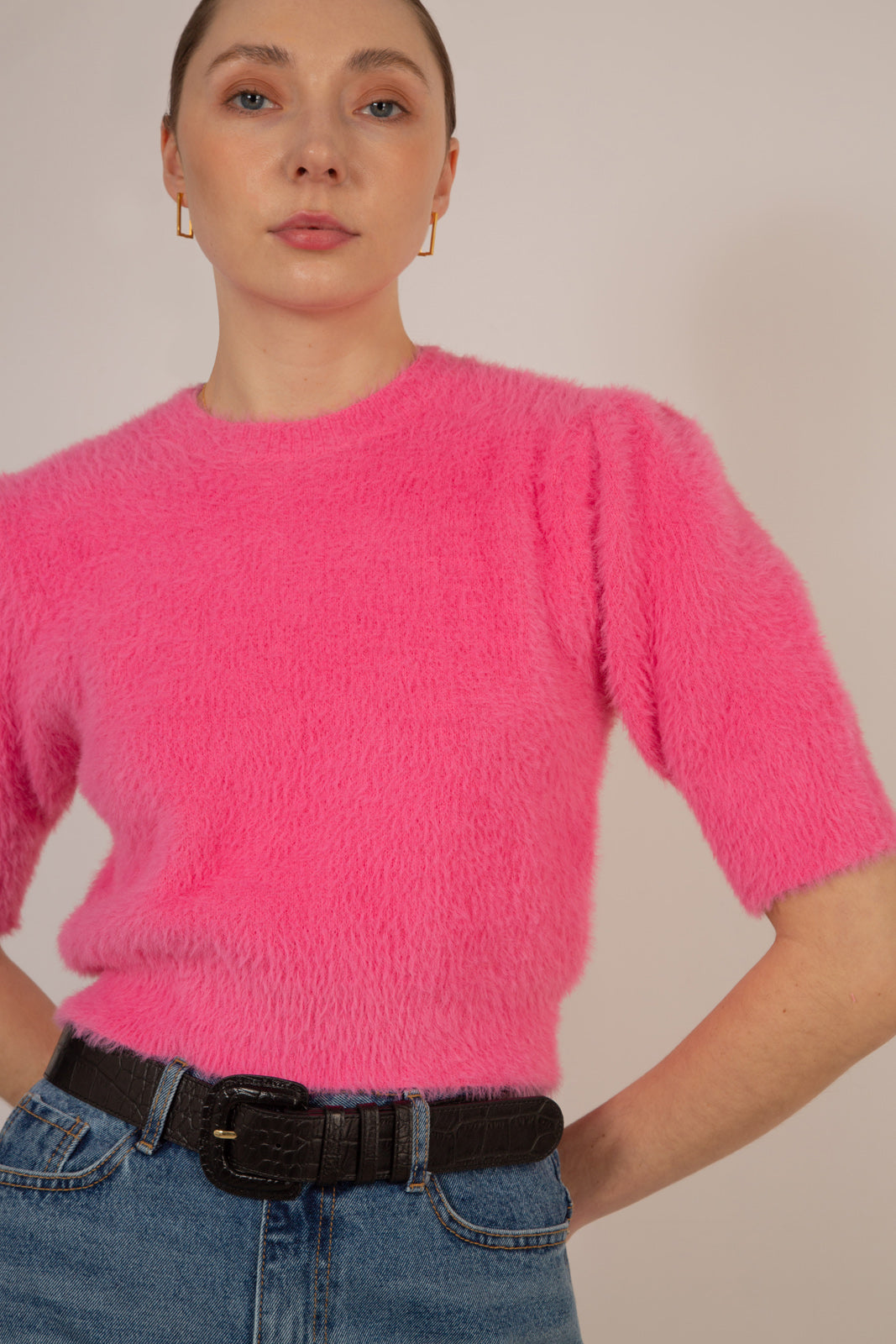 Hot pink furry balloon sleeve jumper_1