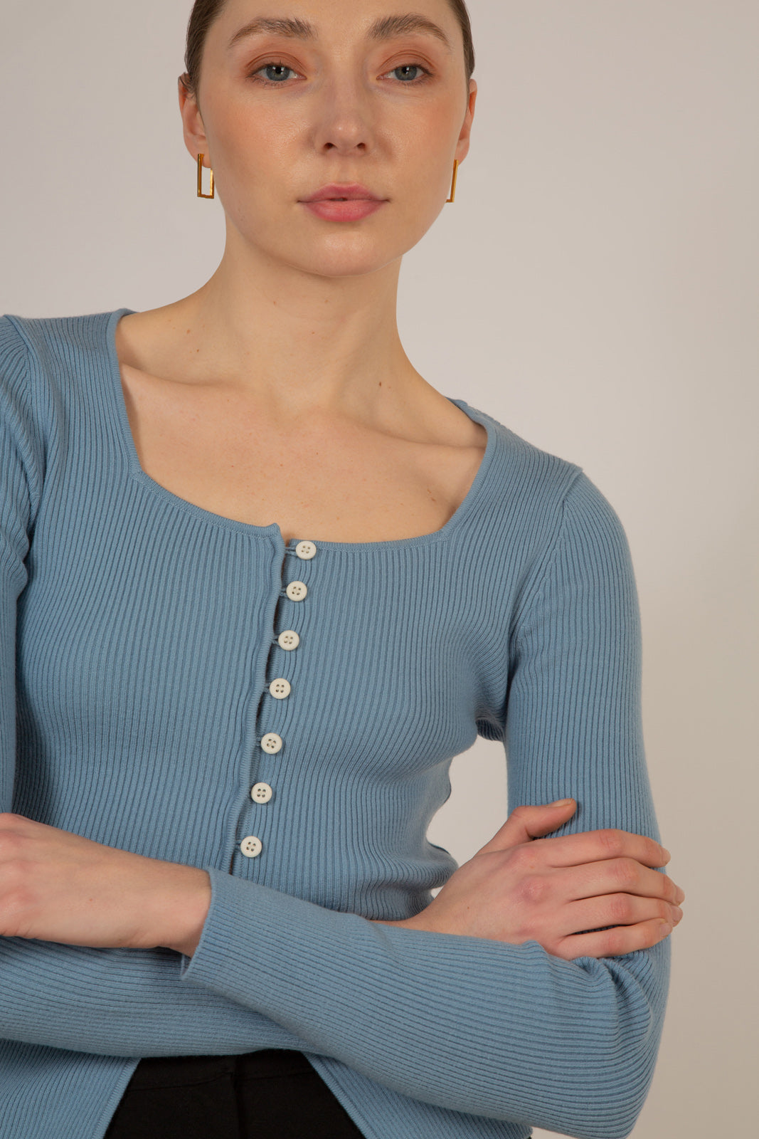 Pale blue square neck button front knit top_4