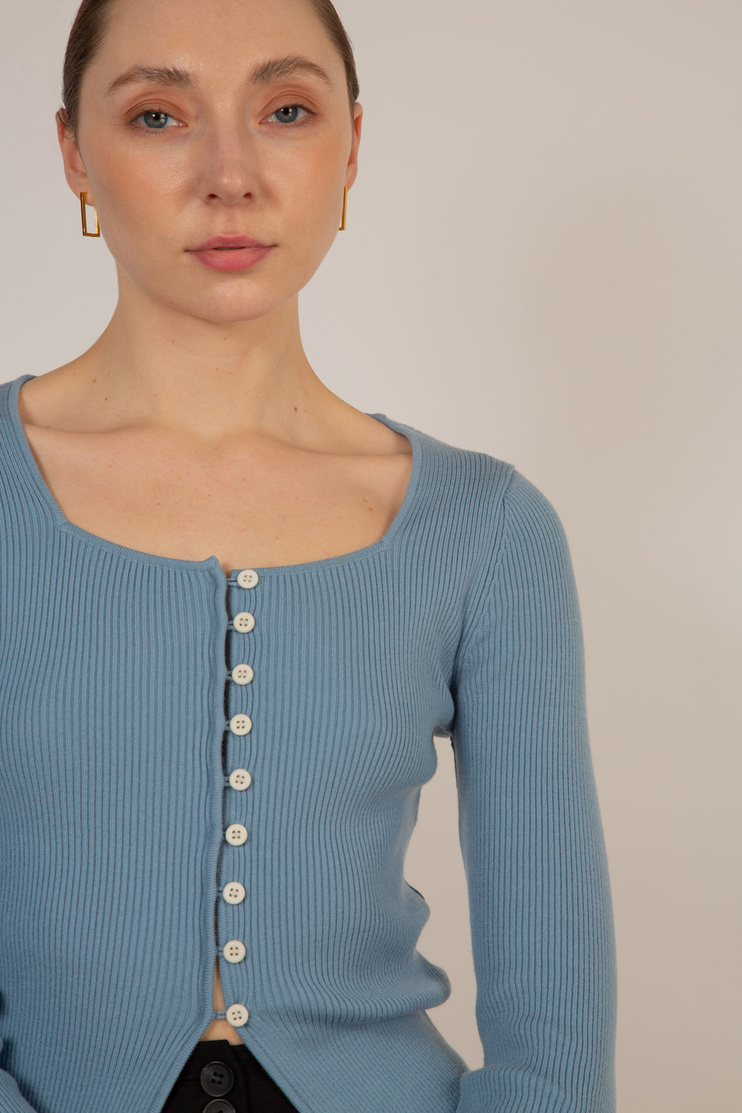 Pale blue square neck button front knit top_6