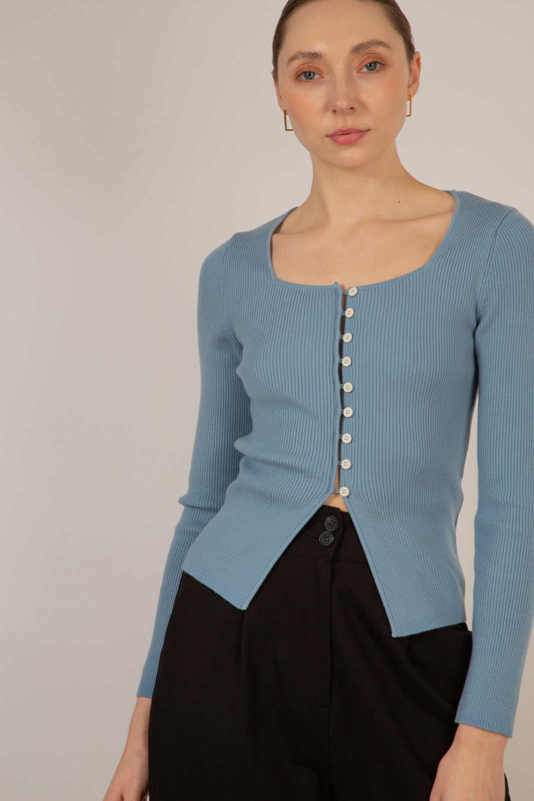 Pale blue square neck button front knit top_7