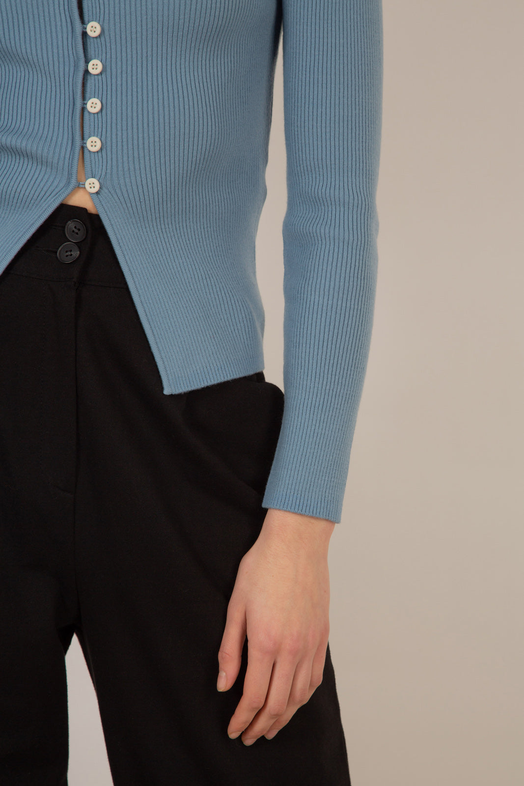 Pale blue square neck button front knit top_8