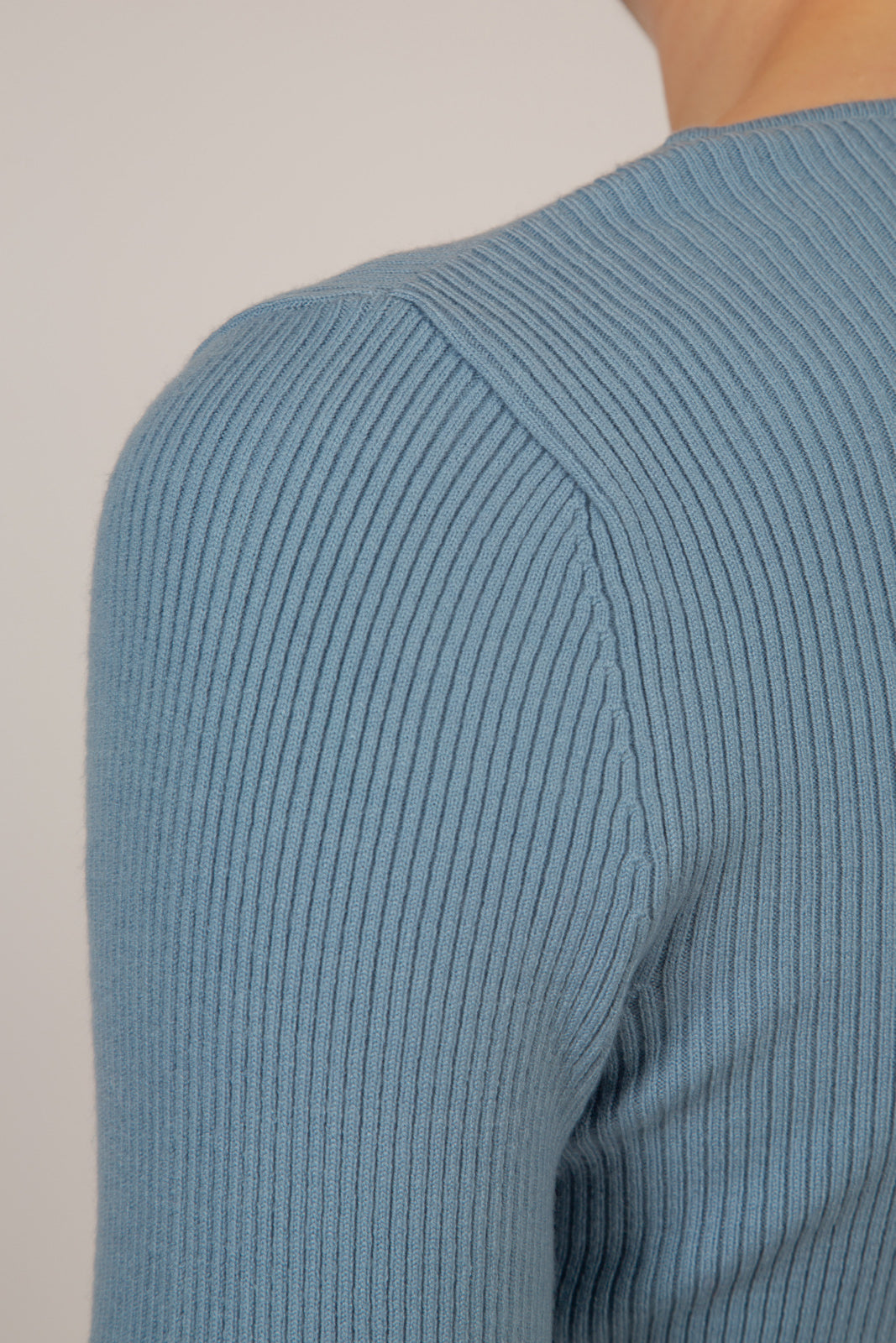 Pale blue square neck button front knit top_10