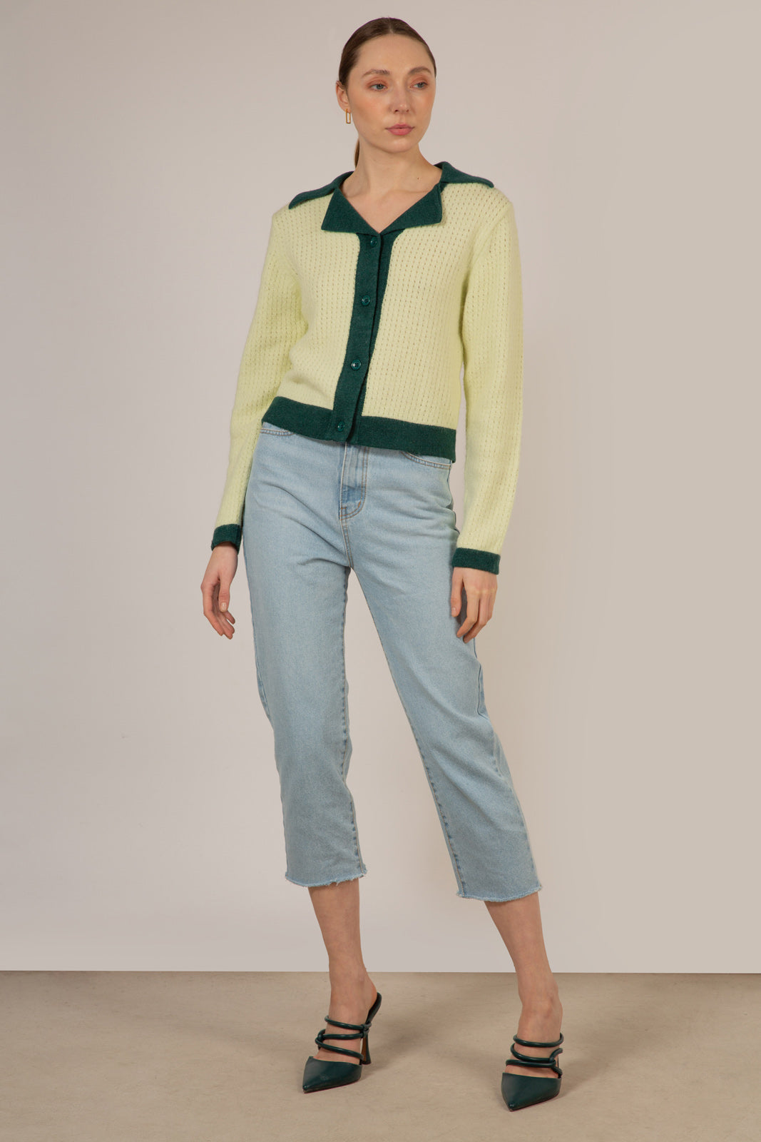 Mint wool blend dark green trimmed cardigan_6