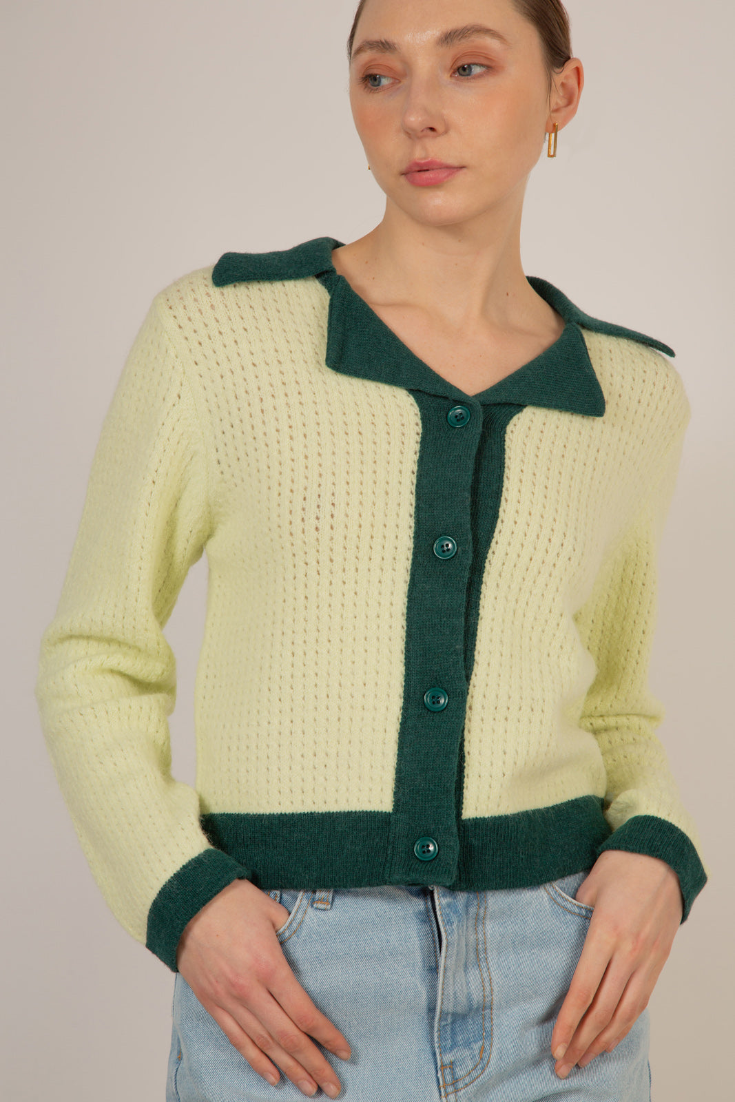 Mint wool blend dark green trimmed cardigan_5