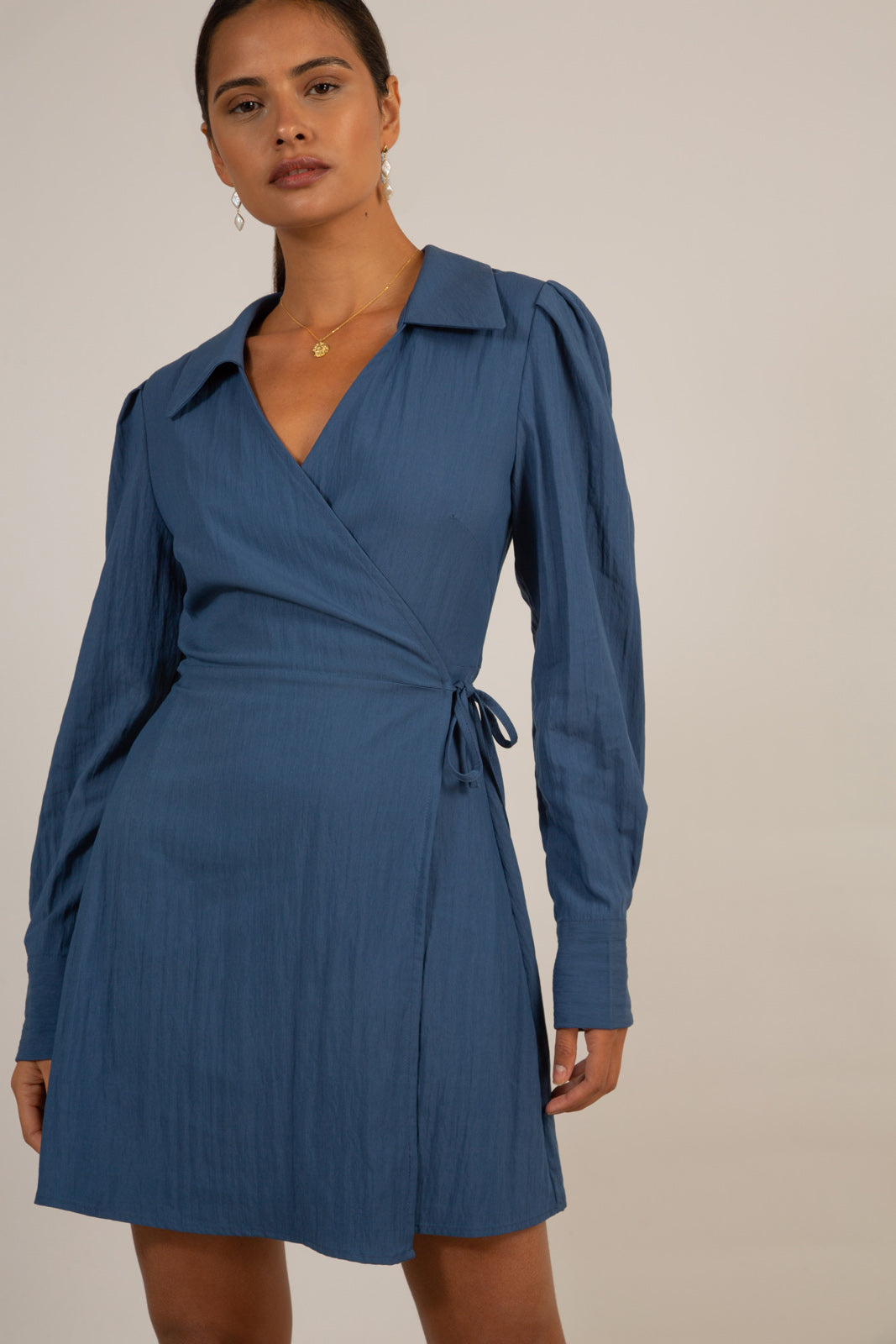 Blue collared mini wrap dress_1