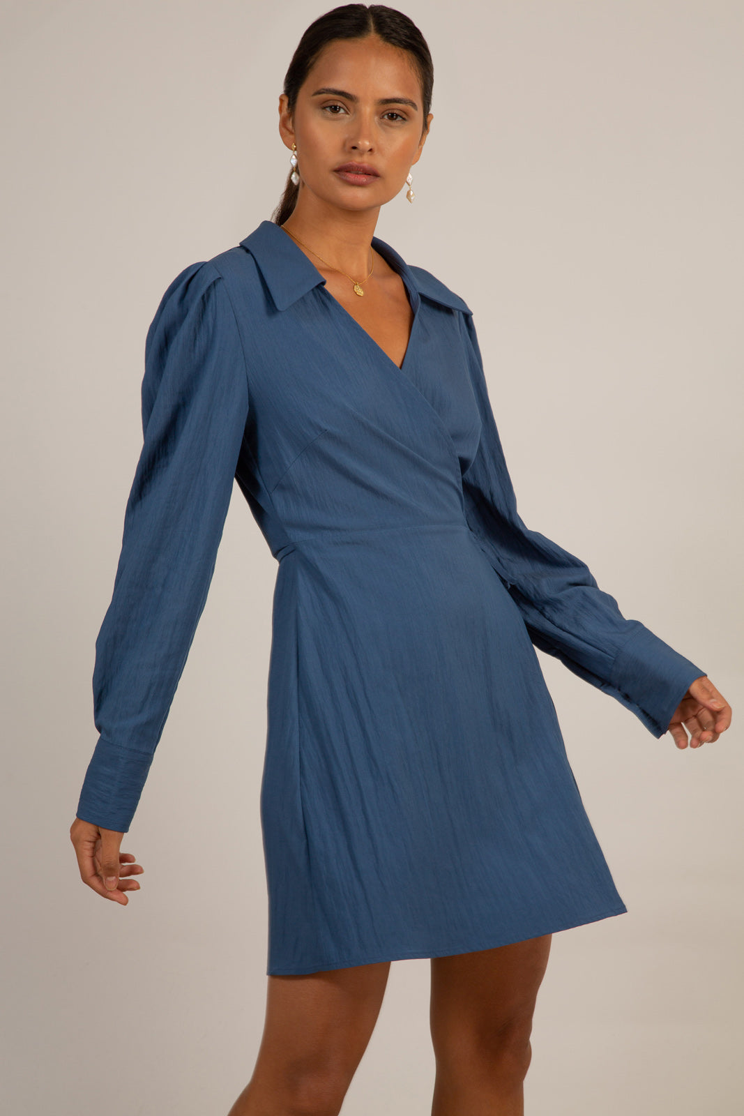 Blue collared mini wrap dress_12
