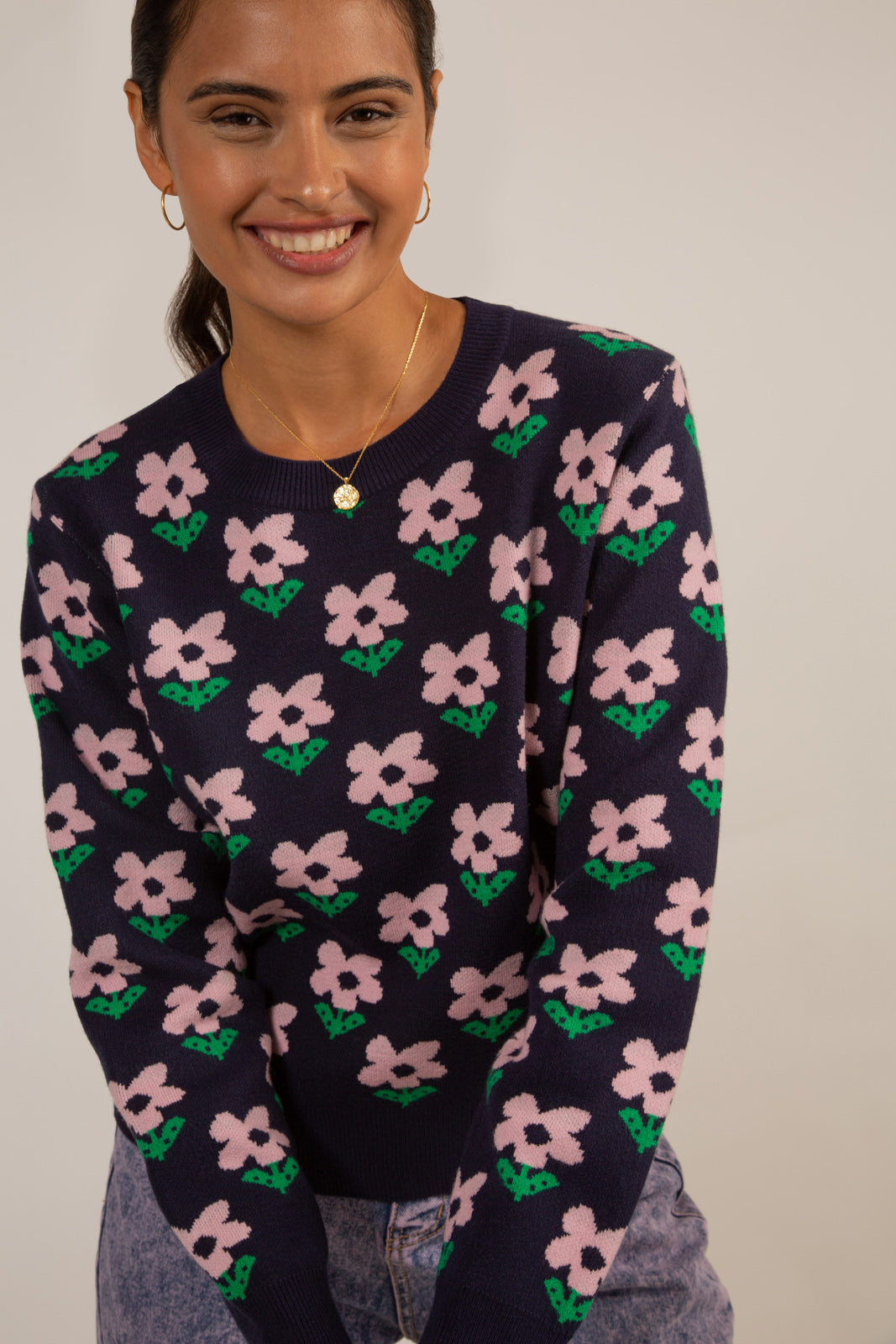 Navy and lilac smooth intarsia flower jumper_1