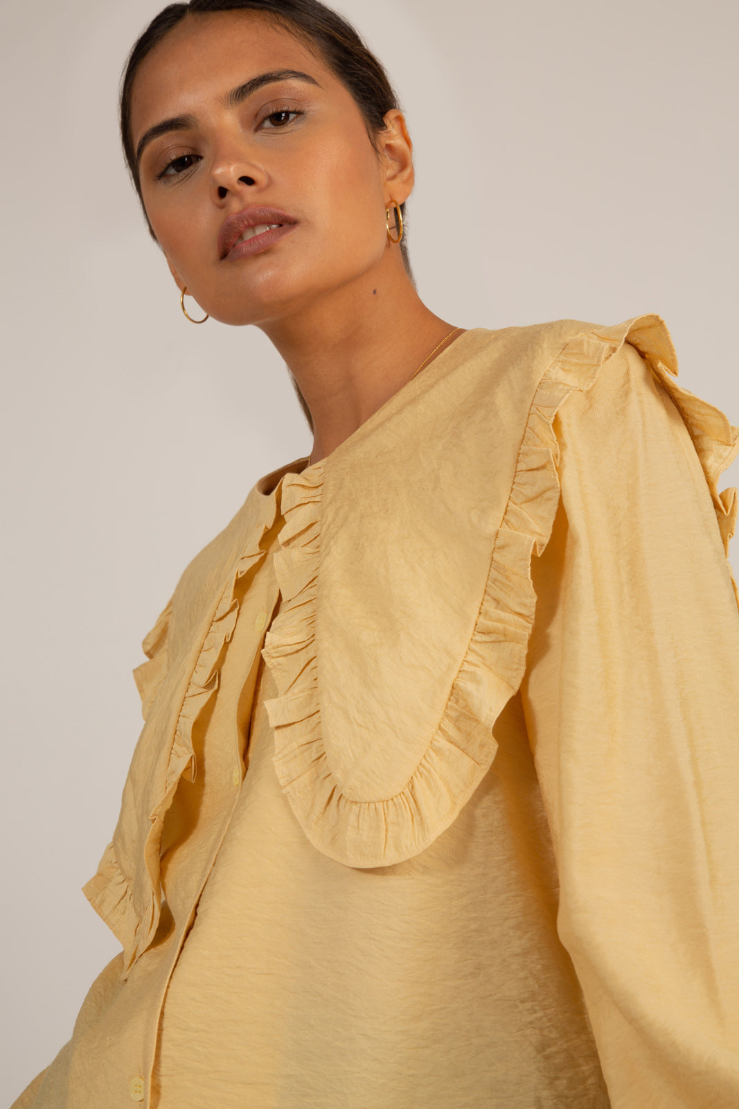Mustard long ruffle trim collar blouse_11