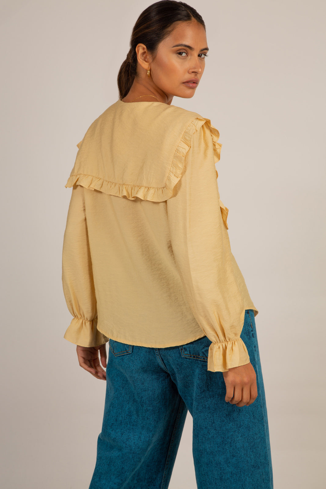 Mustard long ruffle trim collar blouse_3