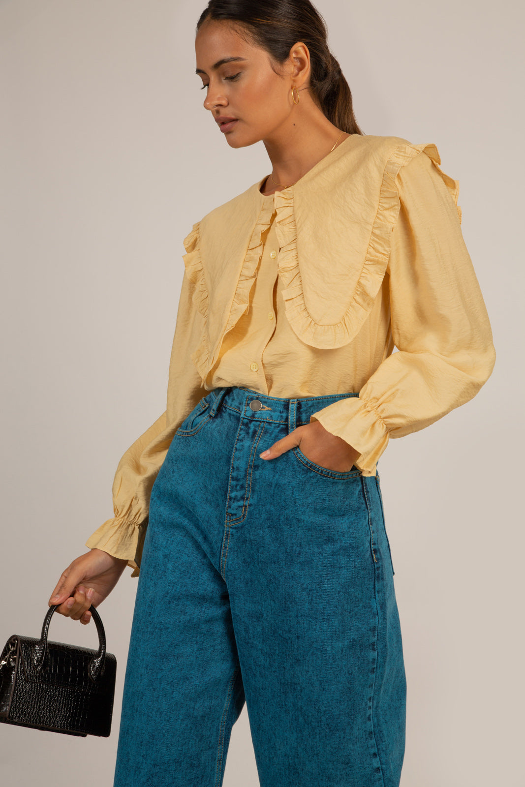 Mustard long ruffle trim collar blouse_2