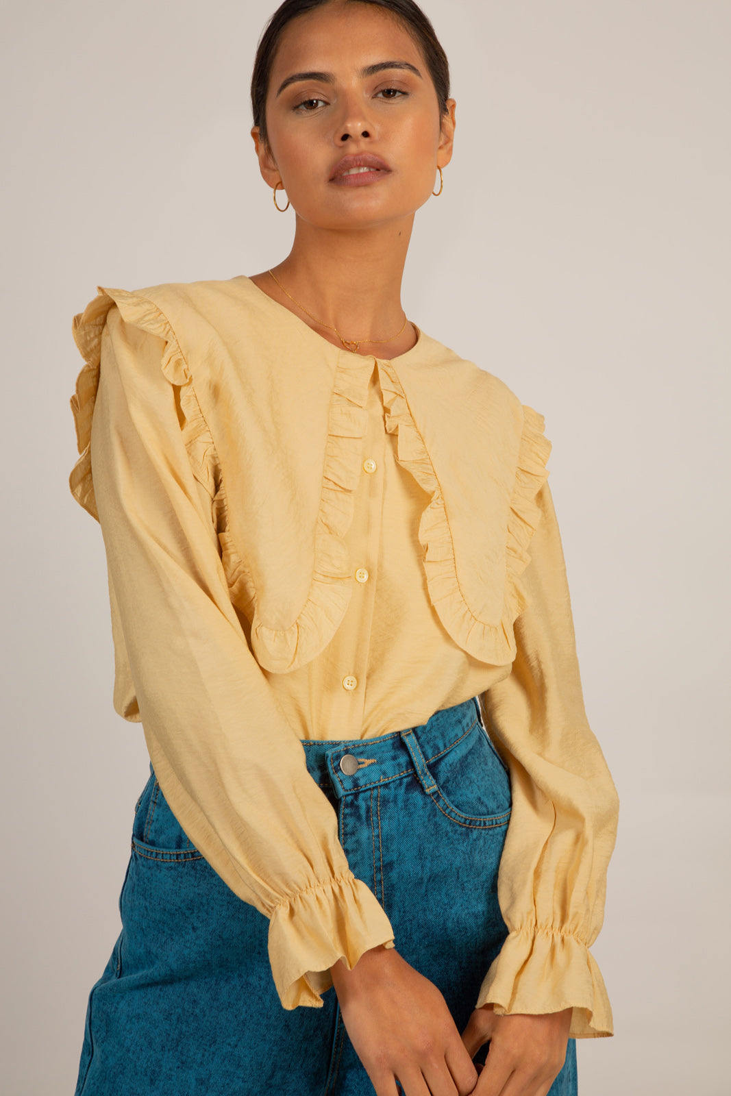 Mustard long ruffle trim collar blouse_5