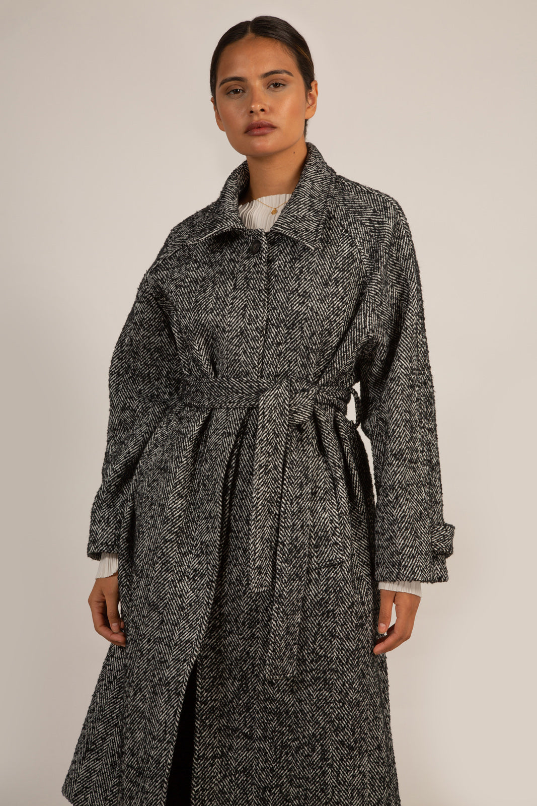 Black herringbone wool blend coat_1
