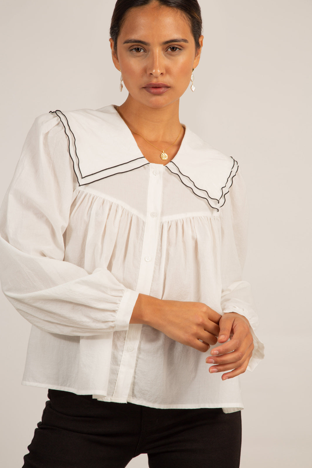 Ivory and black trim double collar blouse_1