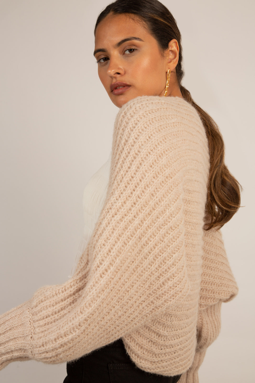 Beige ribbed open cardigan_2