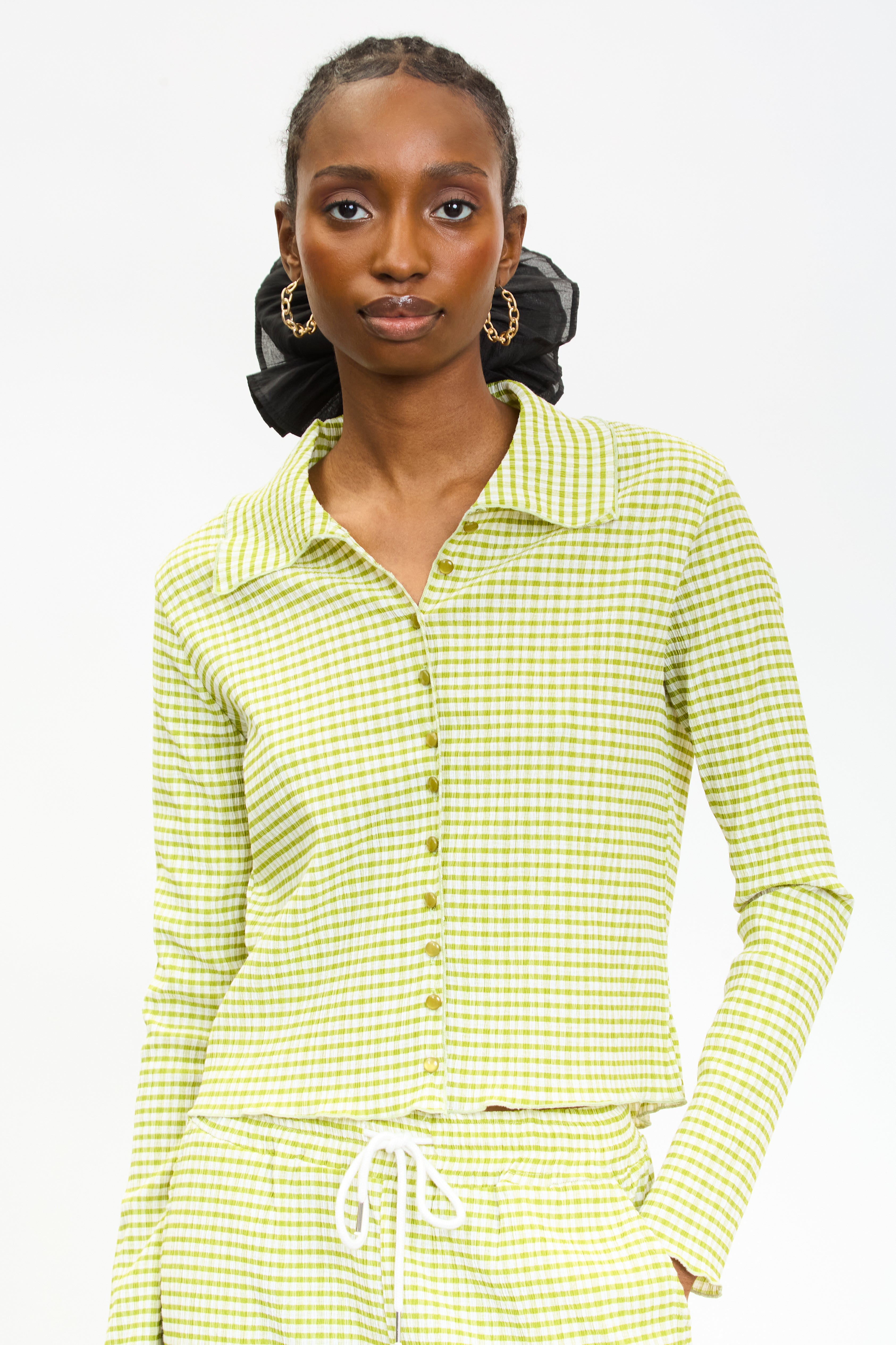 Apple green gingham and green trim button up top_1