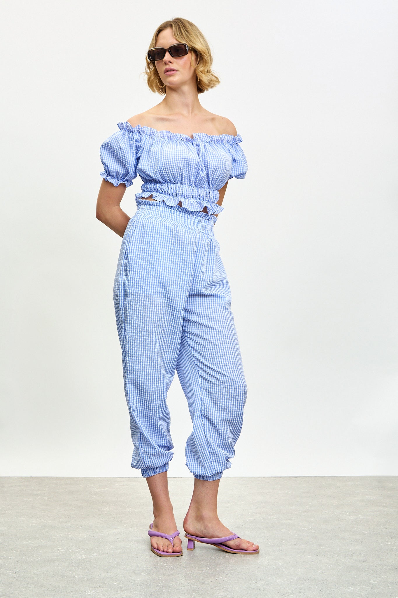Baby blue gingham ruched off shoulder top_4
