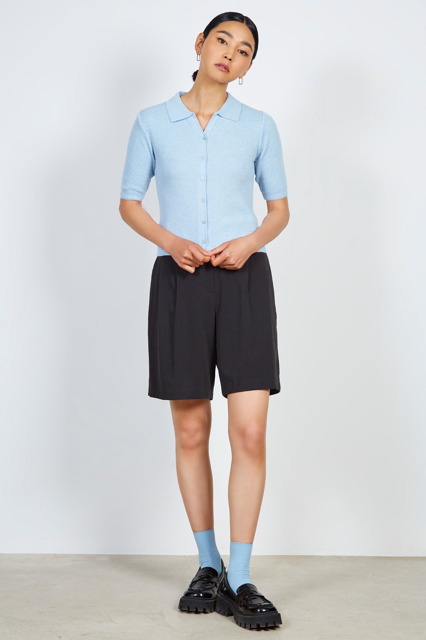 Baby blue bamboo blend button front knit tee_3