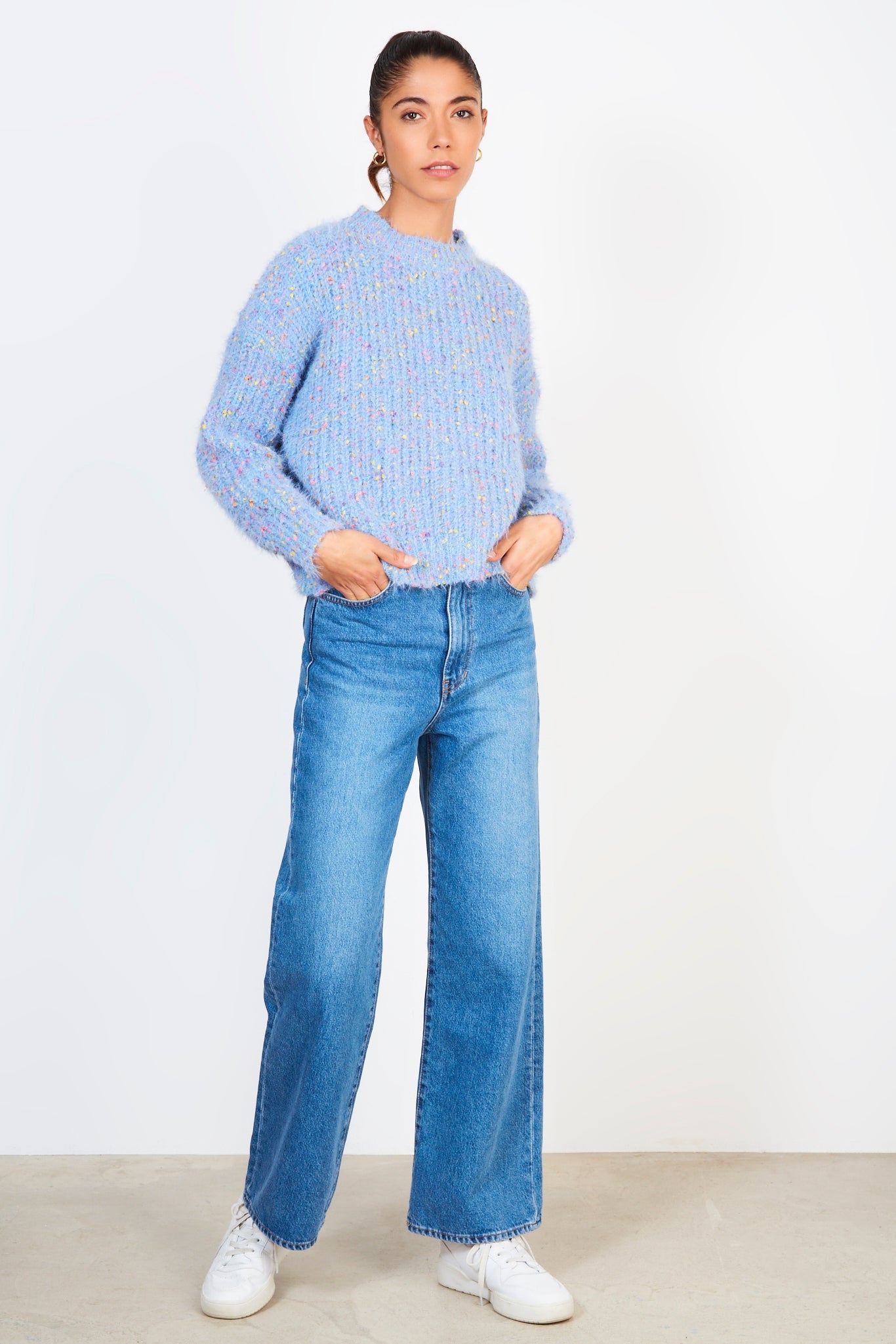 Baby blue bold fuzzy rainbow fleck crew neck jumper_4