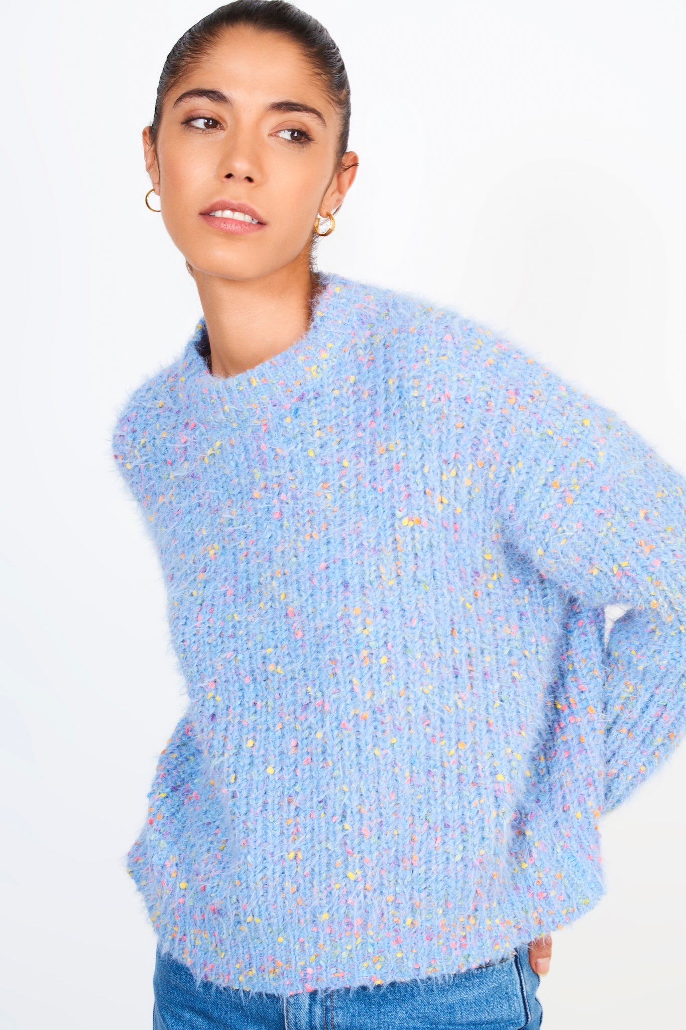 Baby blue bold fuzzy rainbow fleck crew neck jumper_2