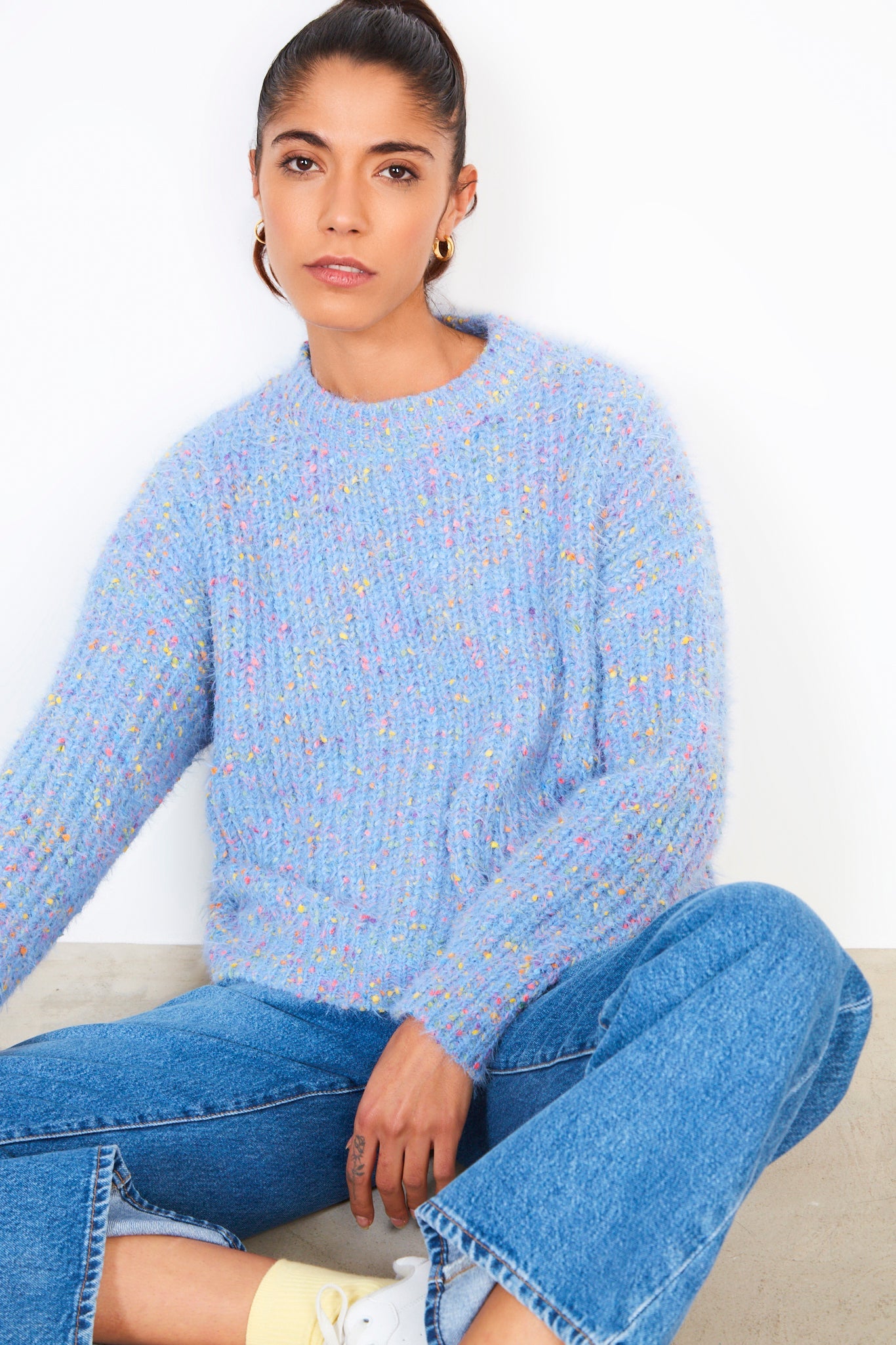Baby blue bold fuzzy rainbow fleck crew neck jumper_1