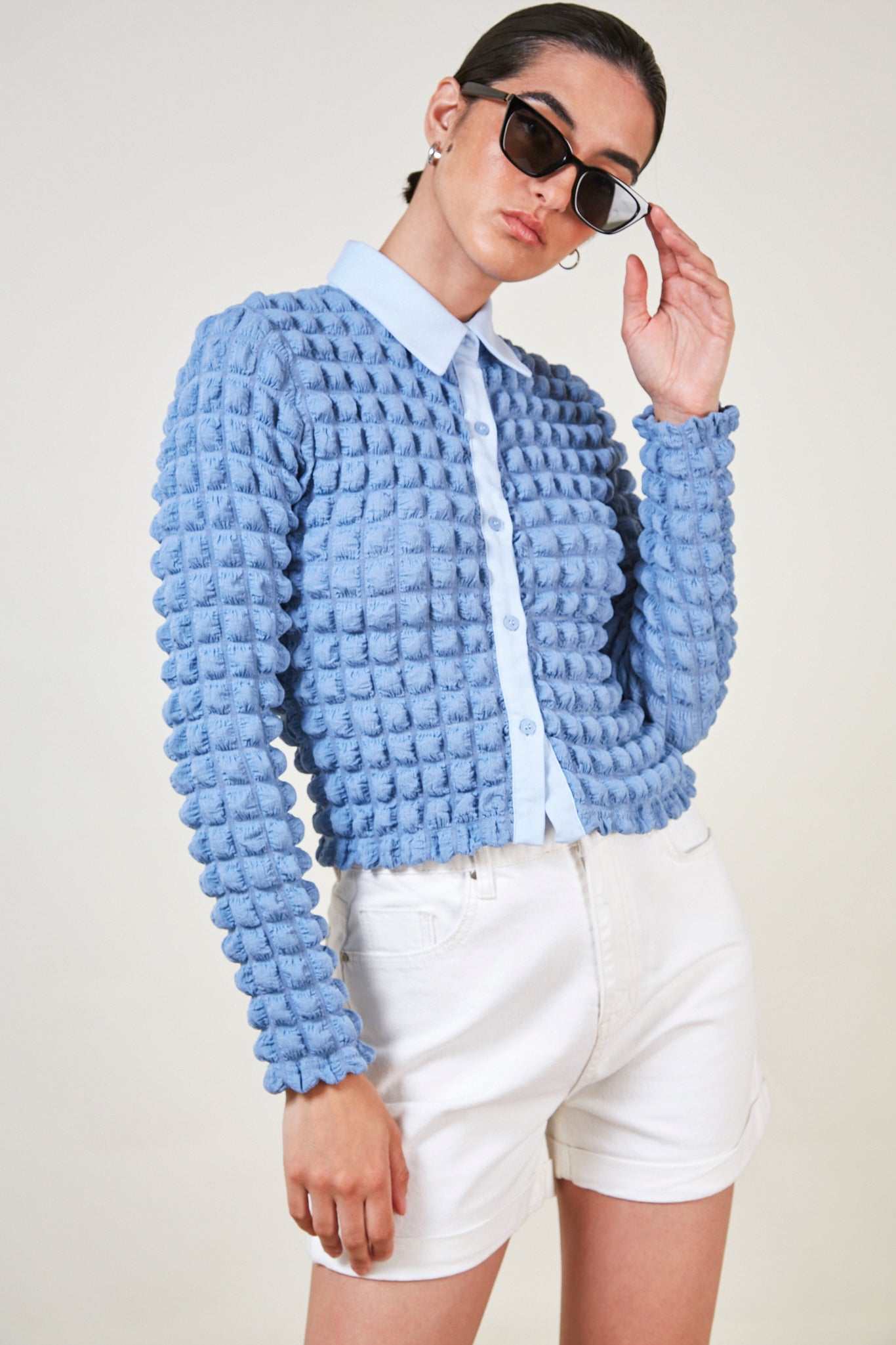 Baby blue textured puff shirt_1