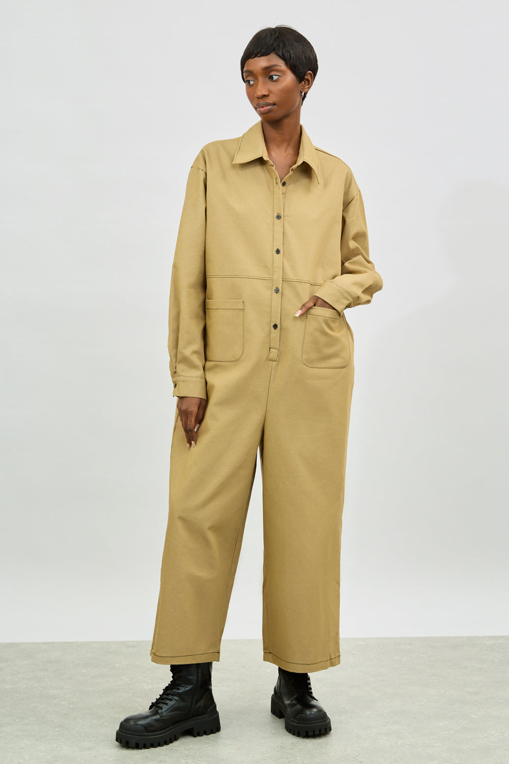Beige and black contrast stitch boiler suit_1