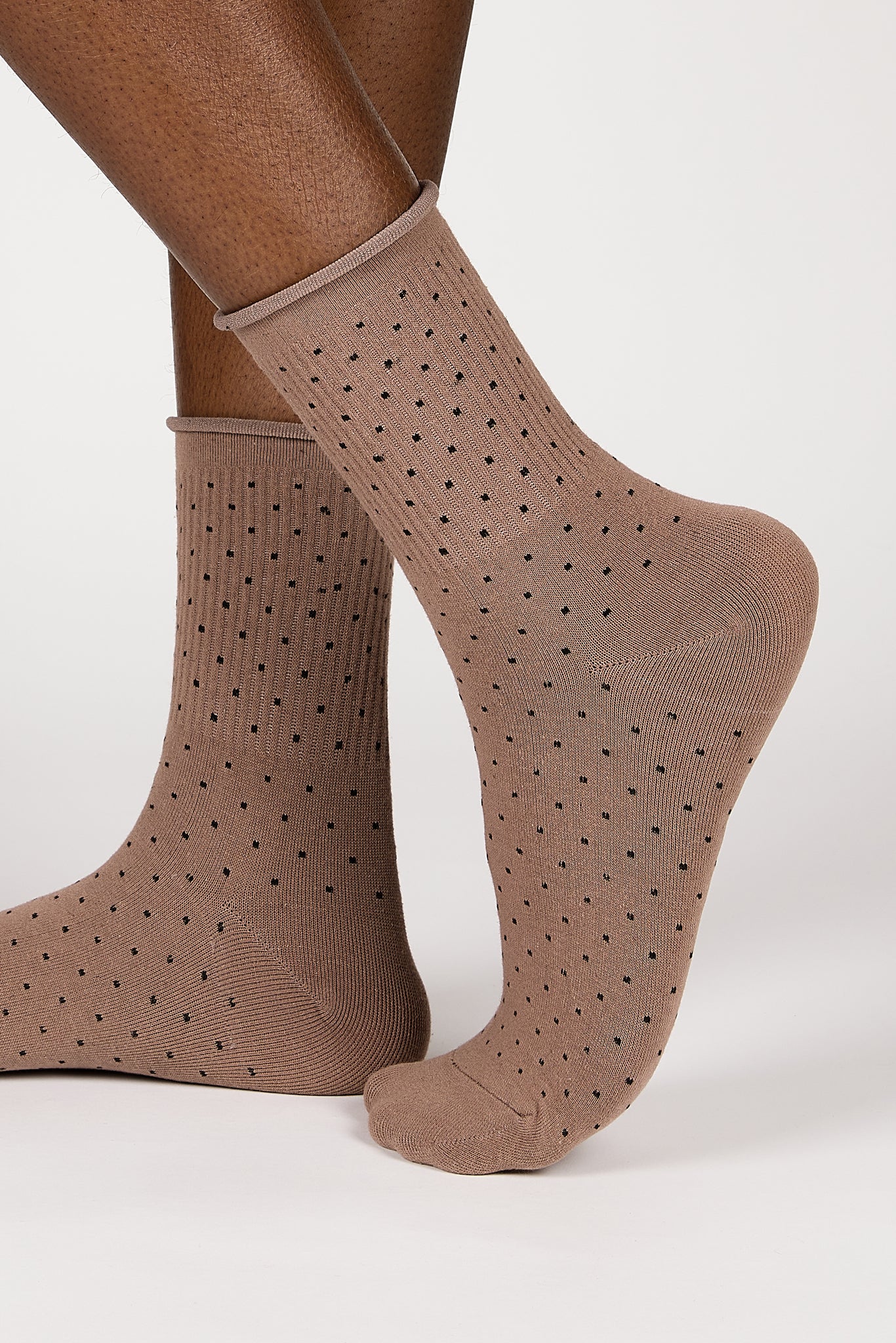 Beige and black polka dot roll trim socks_3