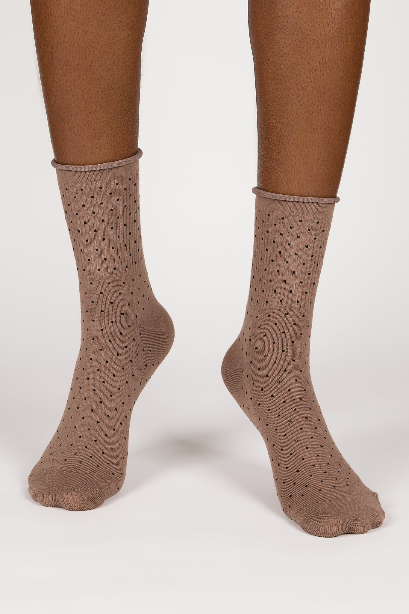 Beige and black polka dot roll trim socks_4