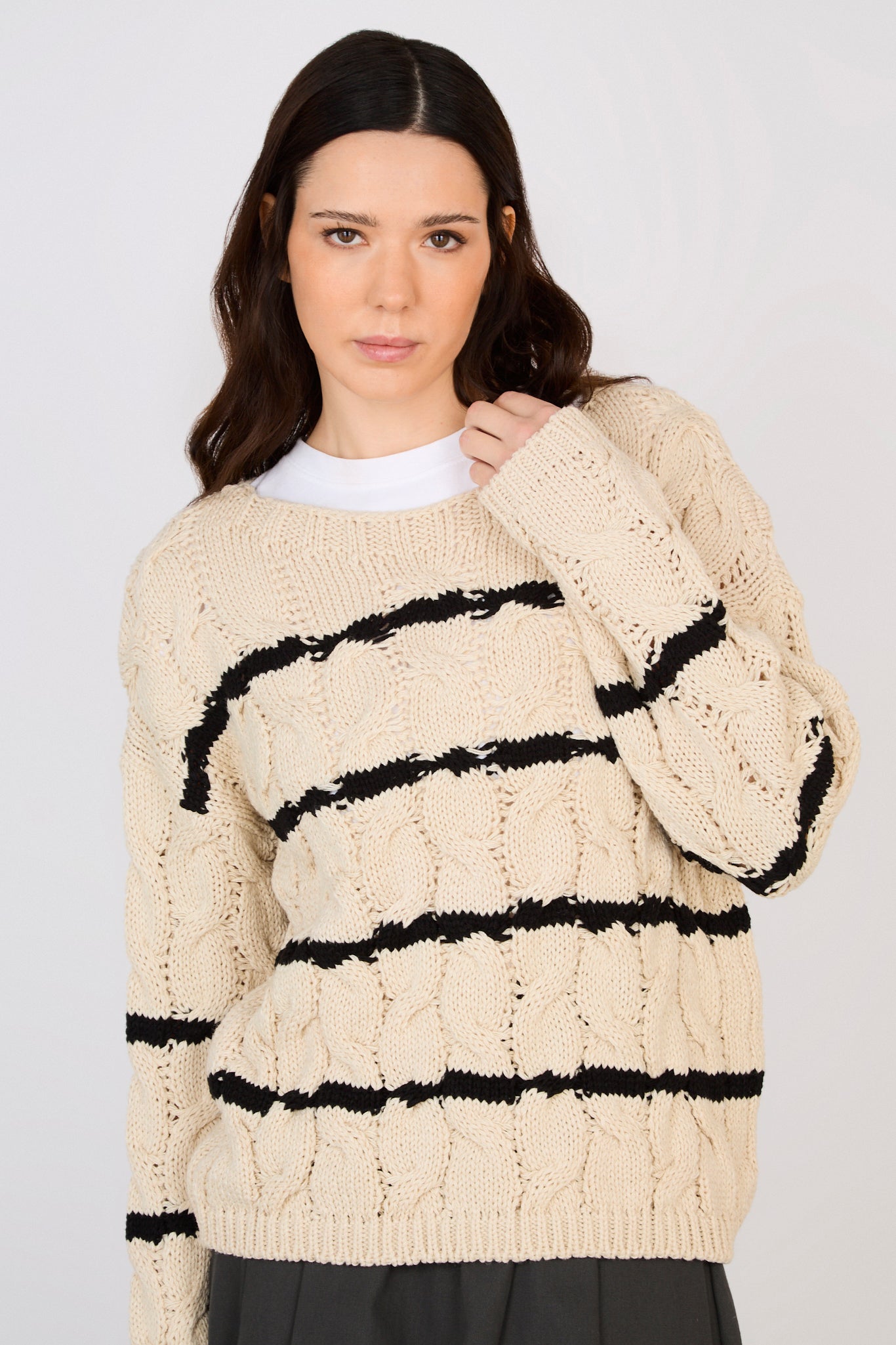 Beige and black striped cable knit jumper_1