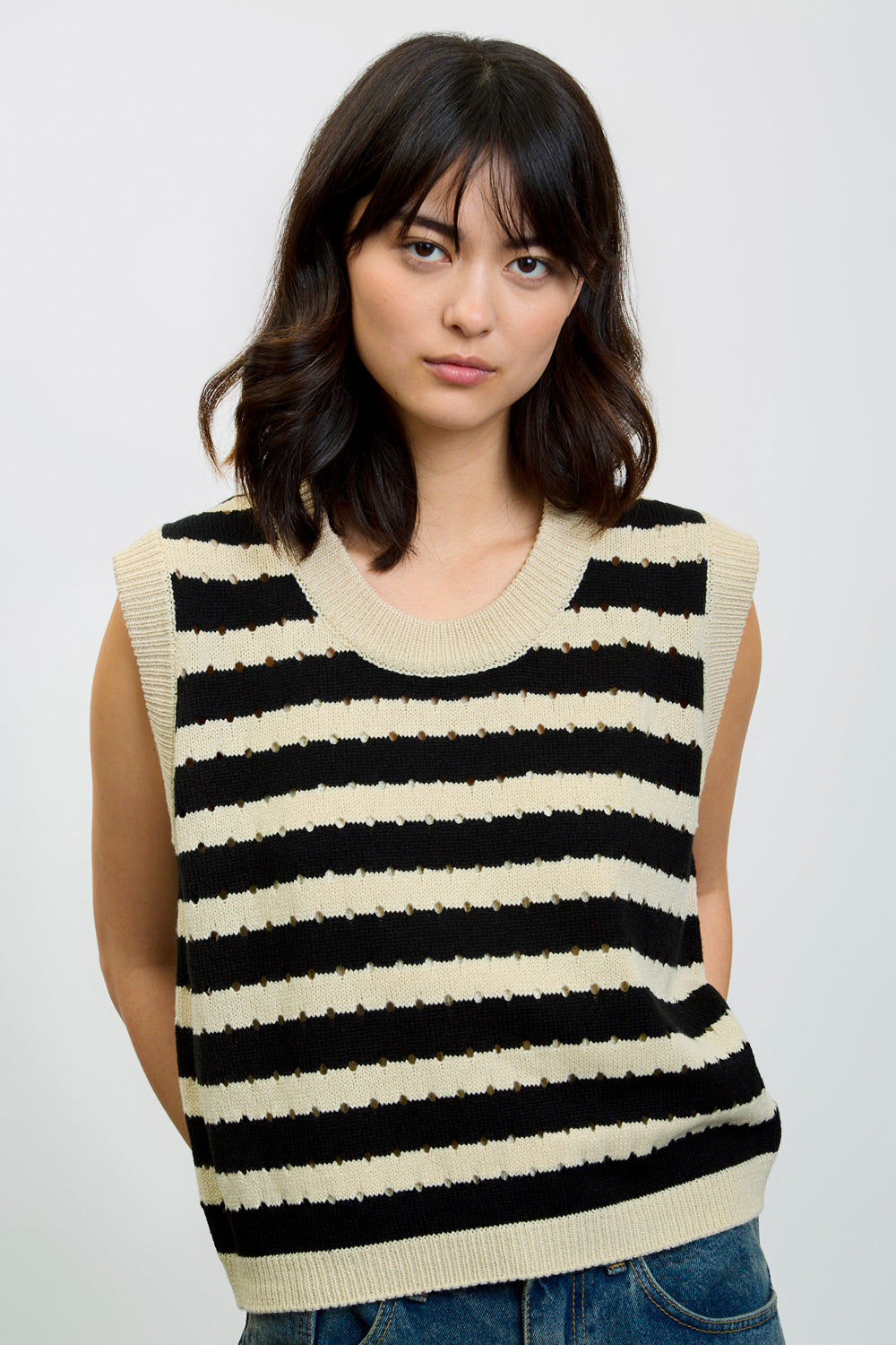 Beige and black striped sweater vest_1