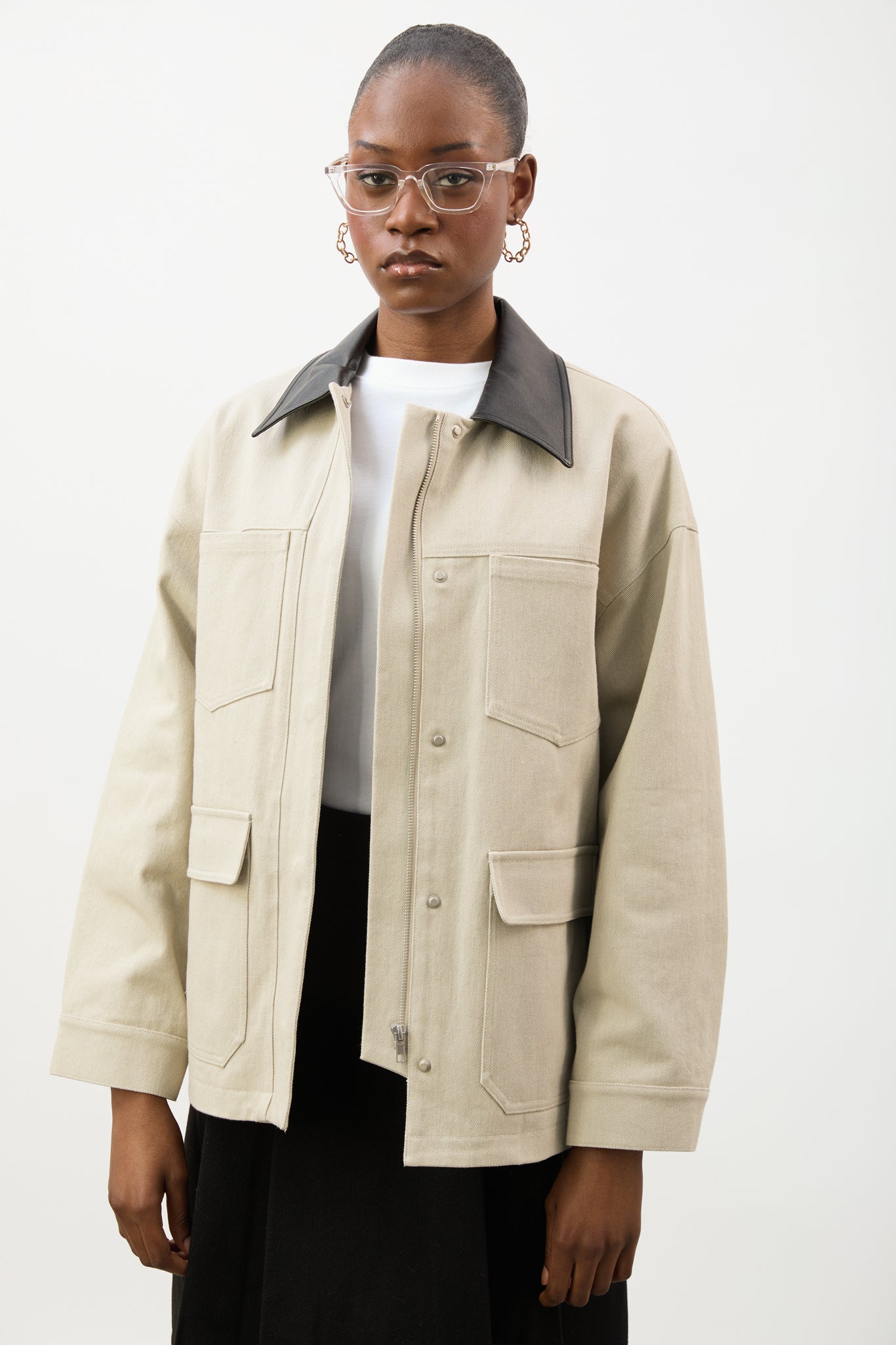 Beige and black vegan leather contrast collar parka_1