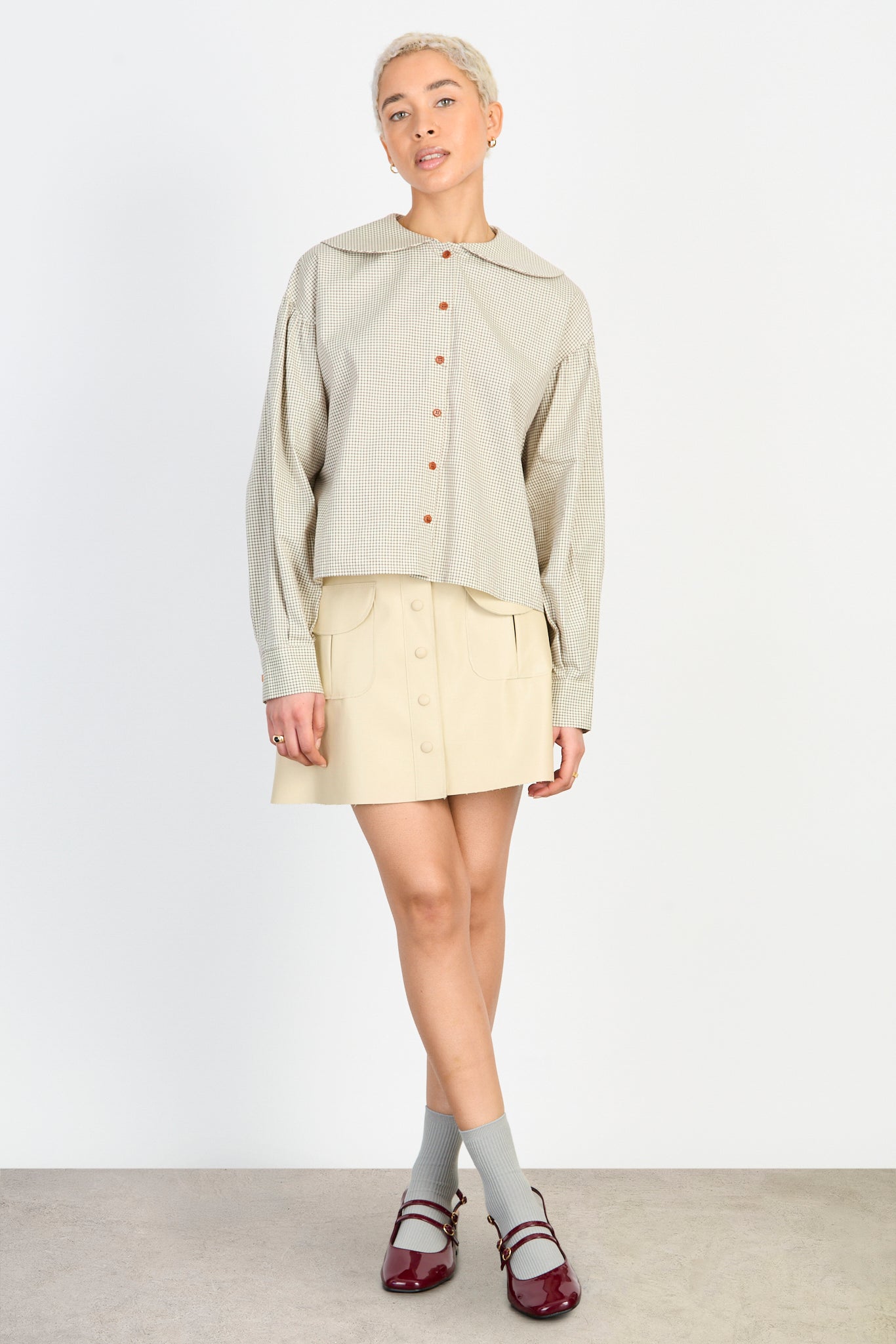 Beige and brown box check rounded collar shirt_4