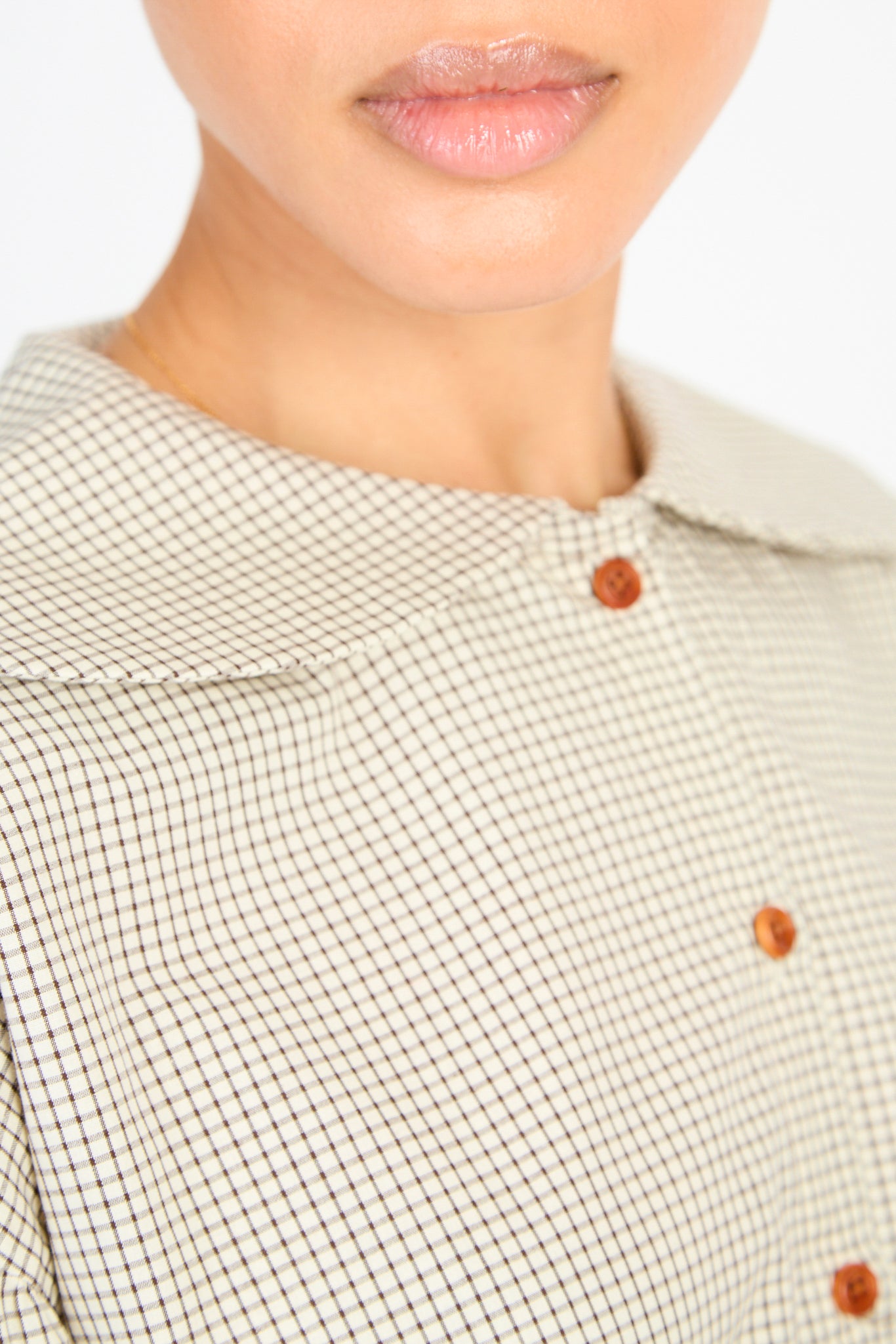 Beige and brown box check rounded collar shirt_3