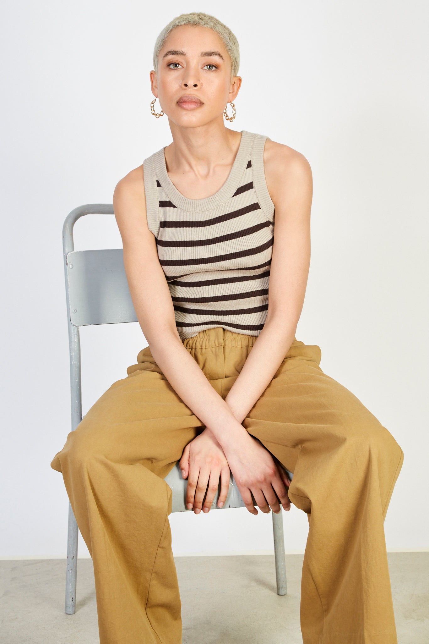 Beige and brown horizontal stripe knit tank_5