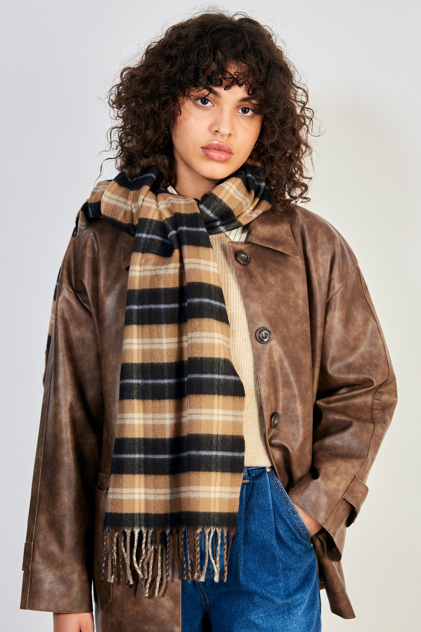 Beige and ivory checked scarf_1