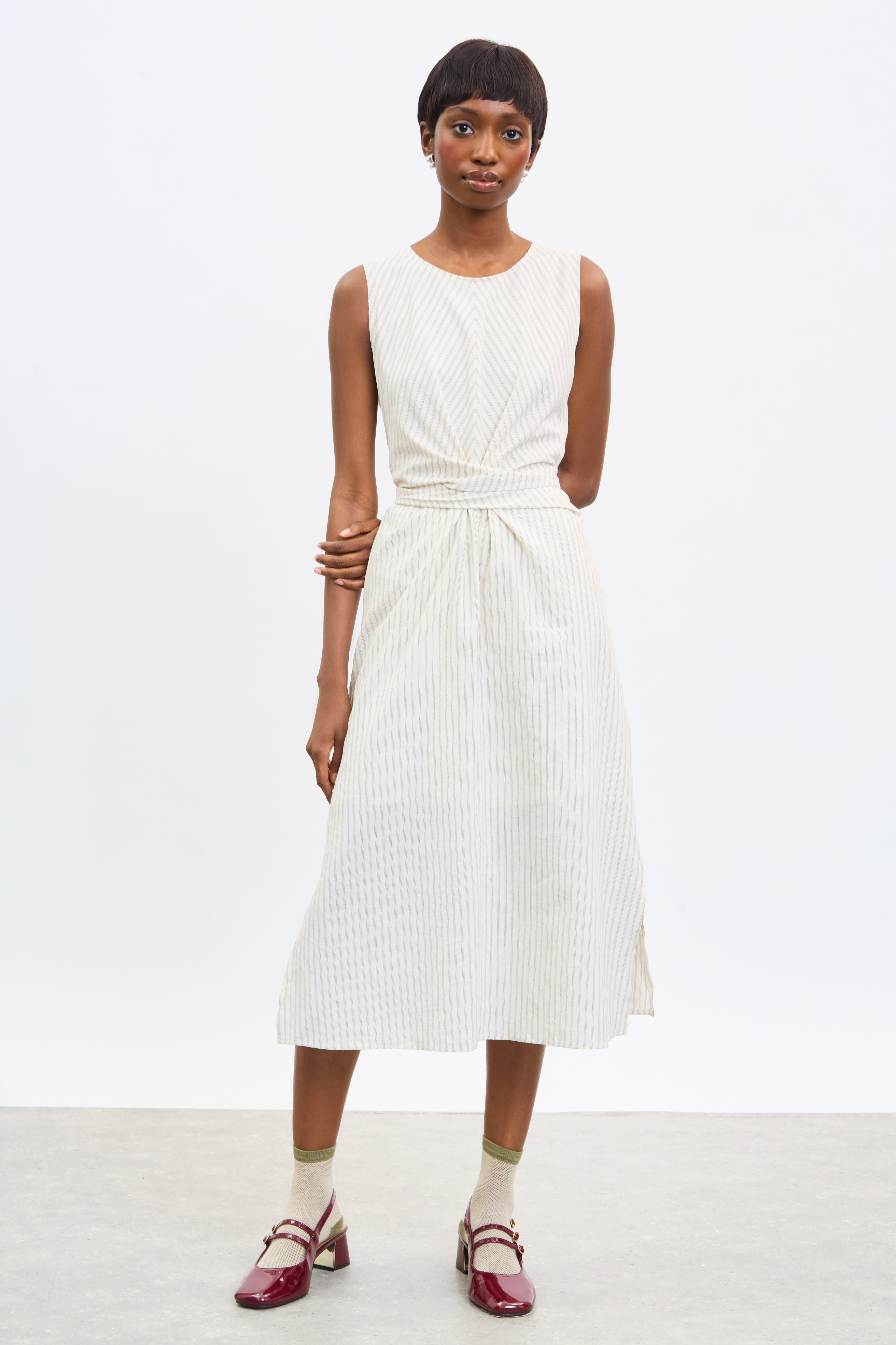 Beige and ivory twist tie waist dress_1