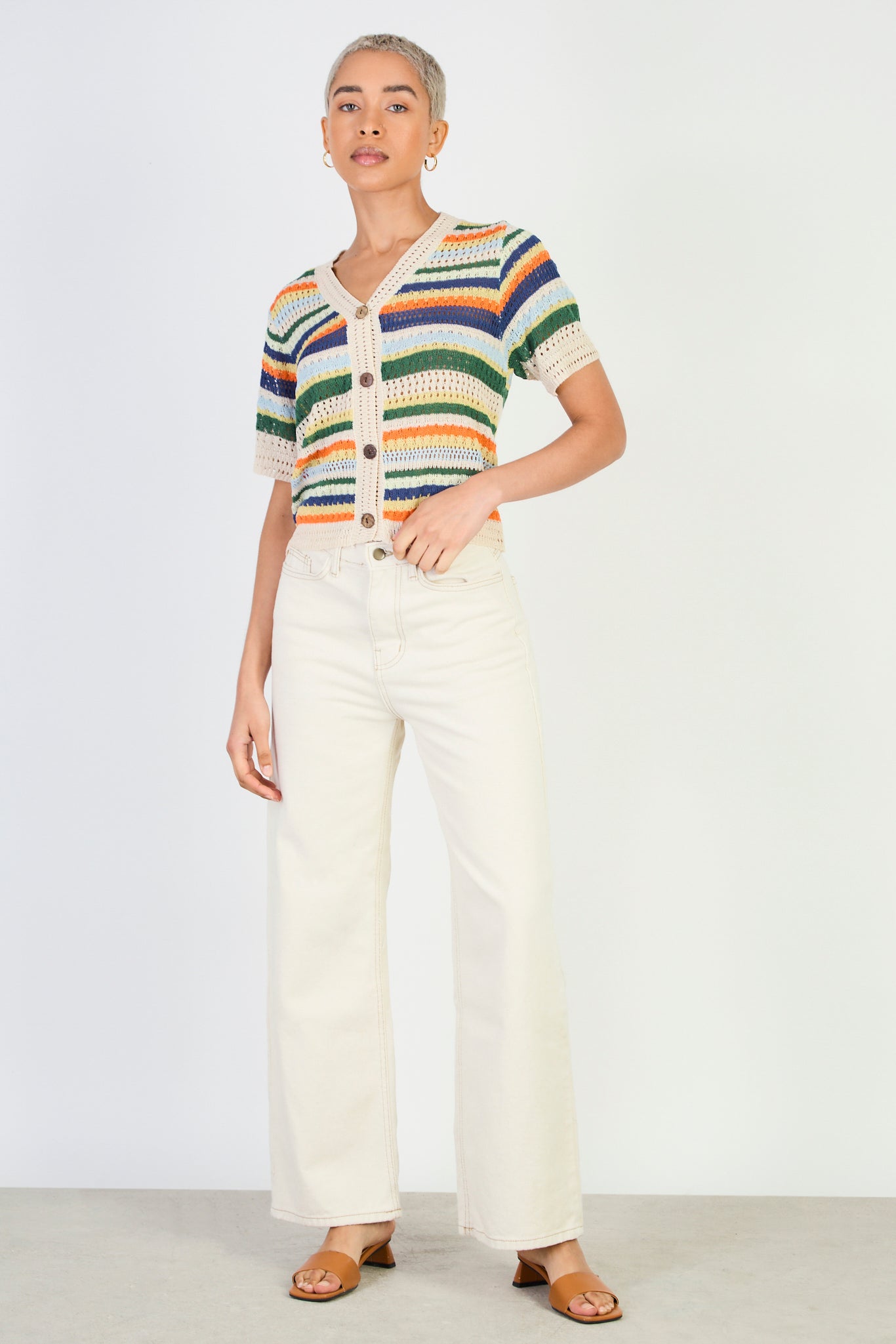 Beige and orange striped crochet button up knit top_4