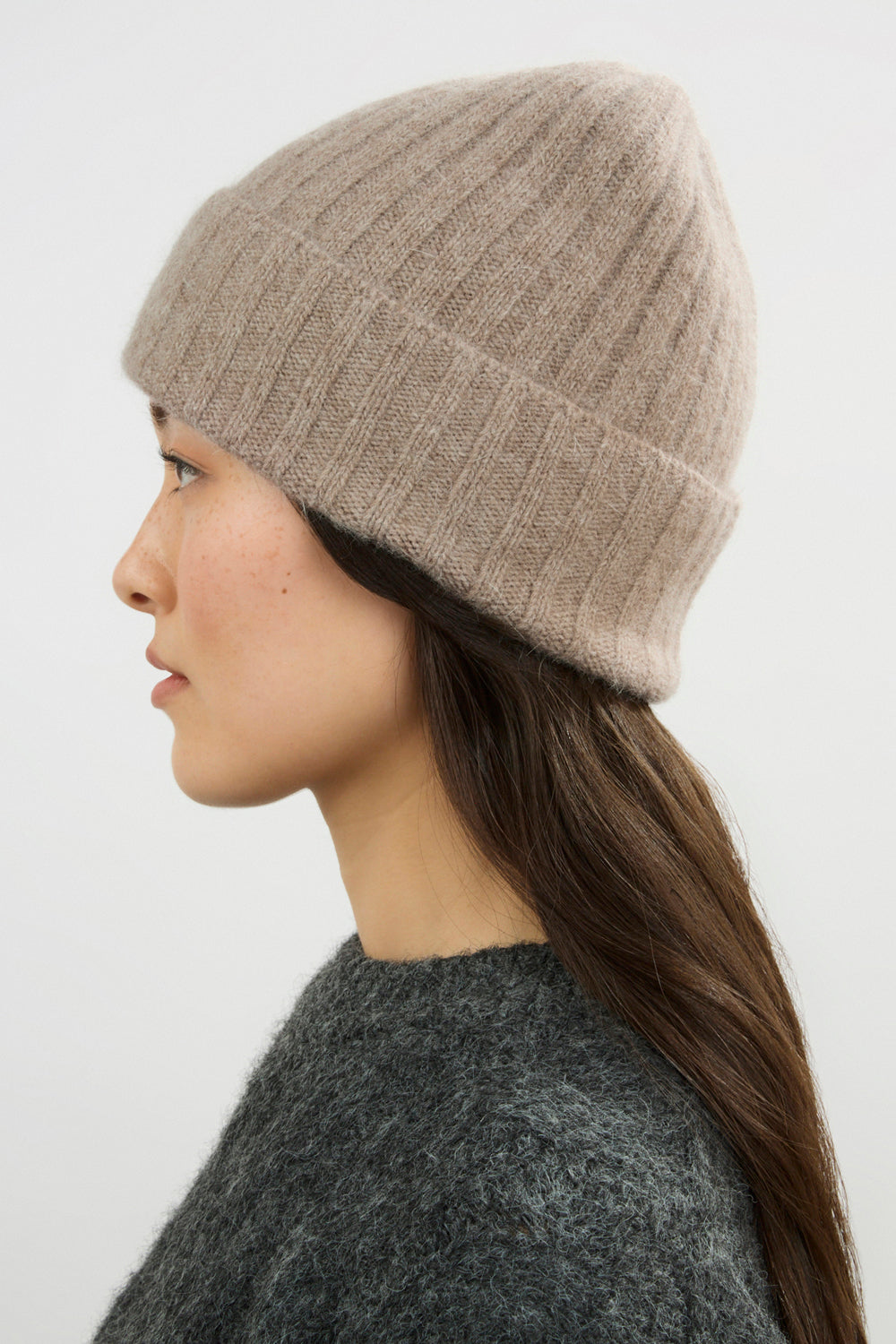 Beige angora wool blend large ribbed beanie hat_4